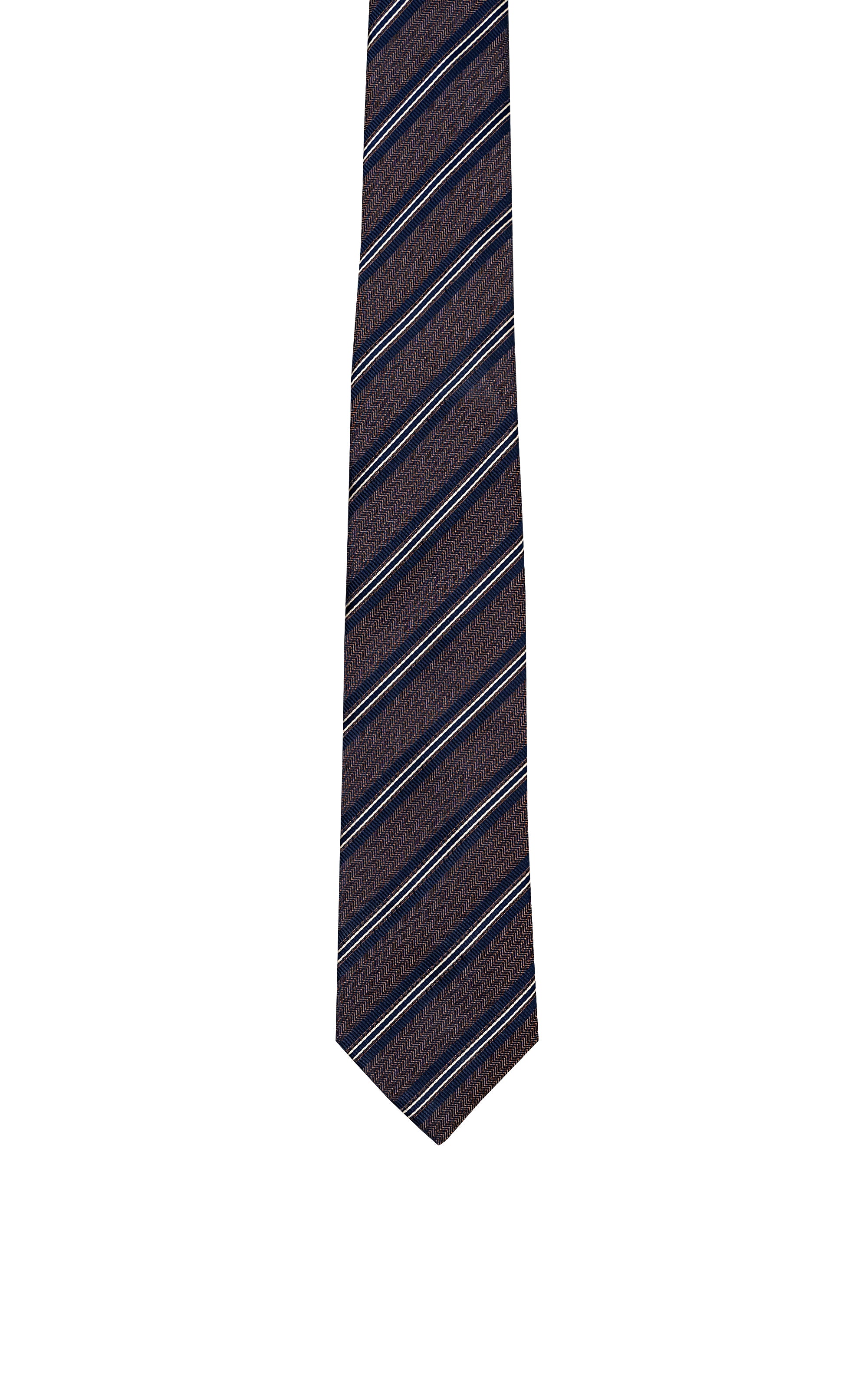 Poly silk tie with dark diagonal stripes, straight hanging view.