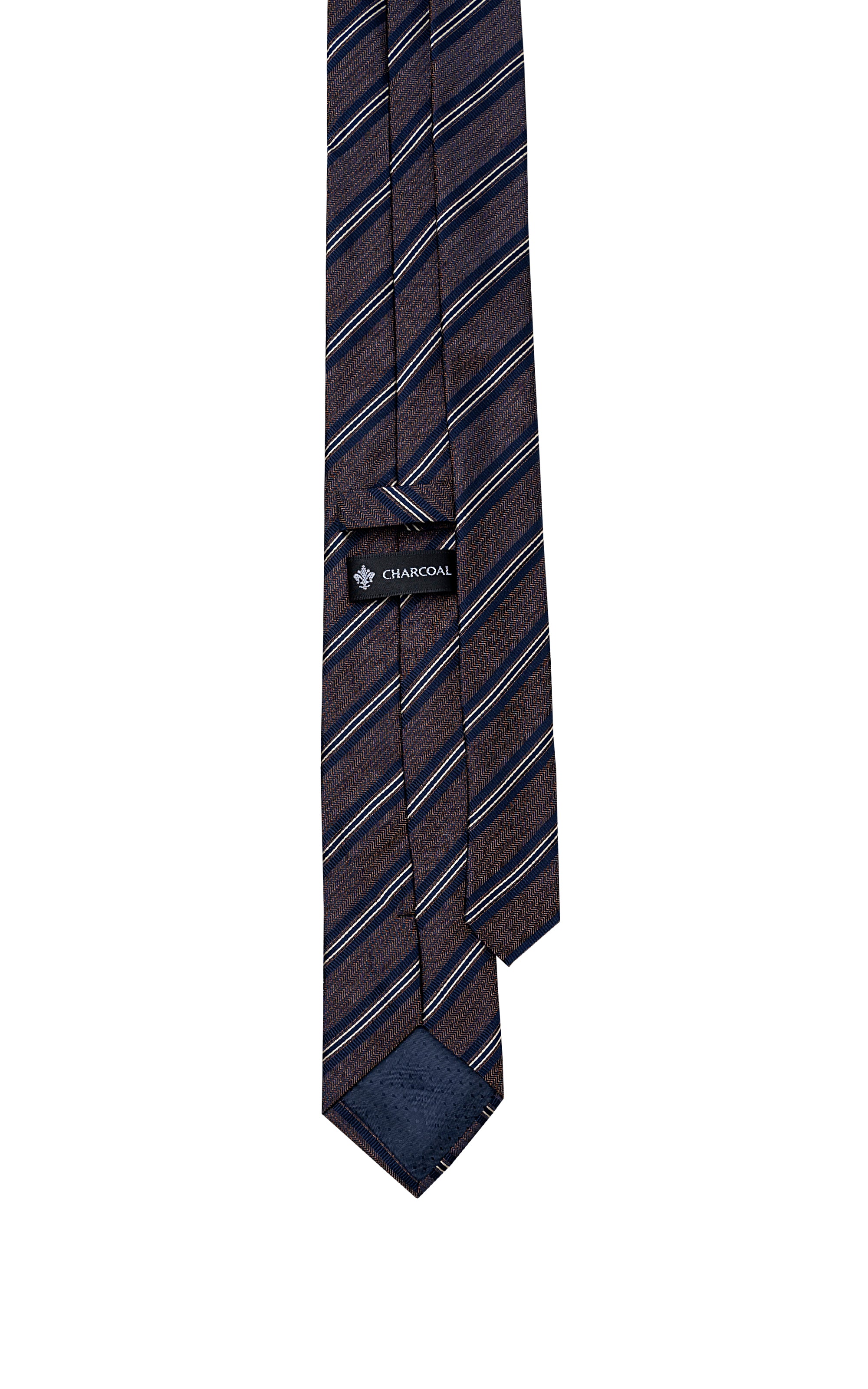 Poly silk tie with dark diagonal stripes and small brand logo near seam.