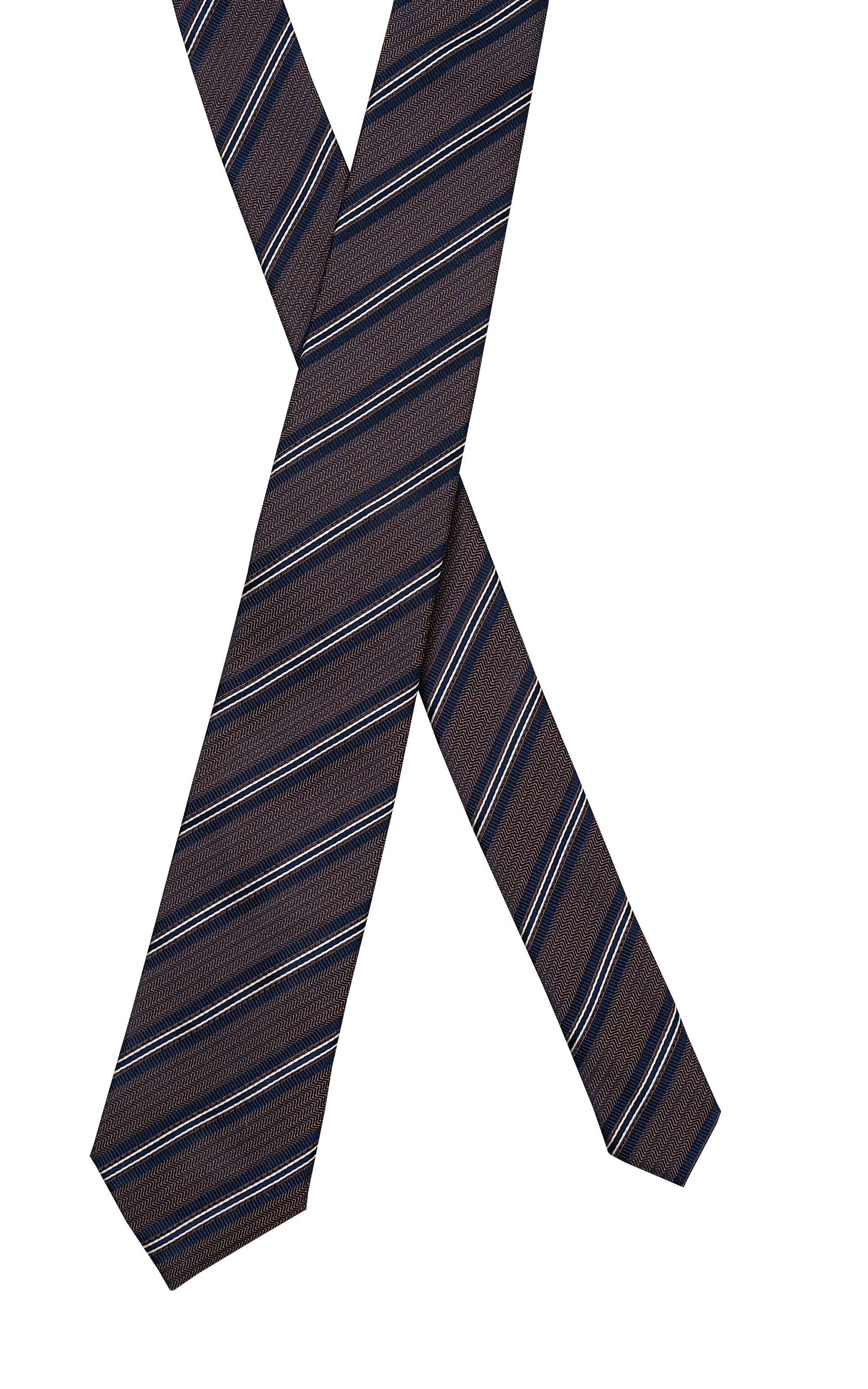 Poly silk tie with diagonal stripe pattern, displayed in crossed layout.