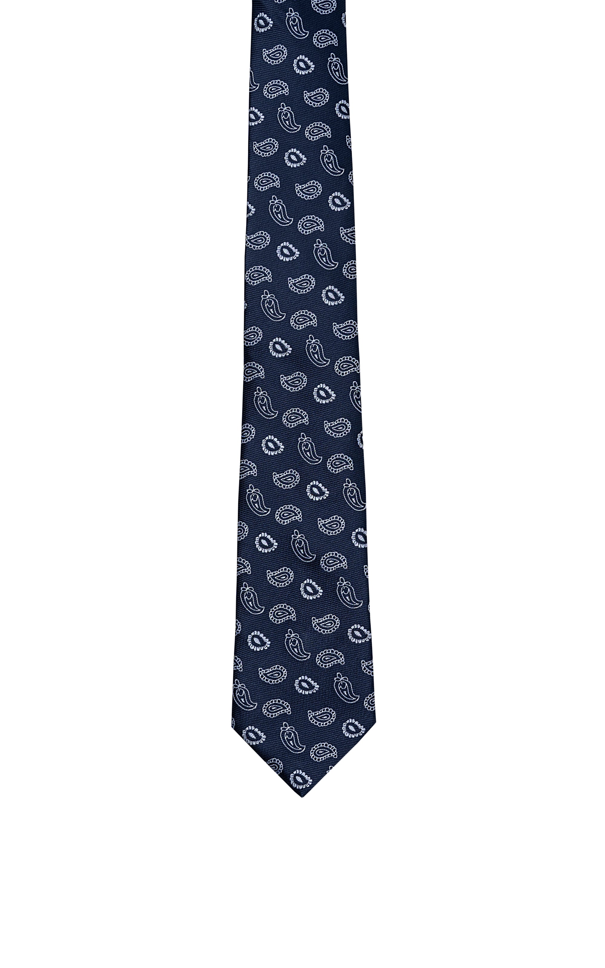Navy poly silk necktie with paisley pattern, narrow end