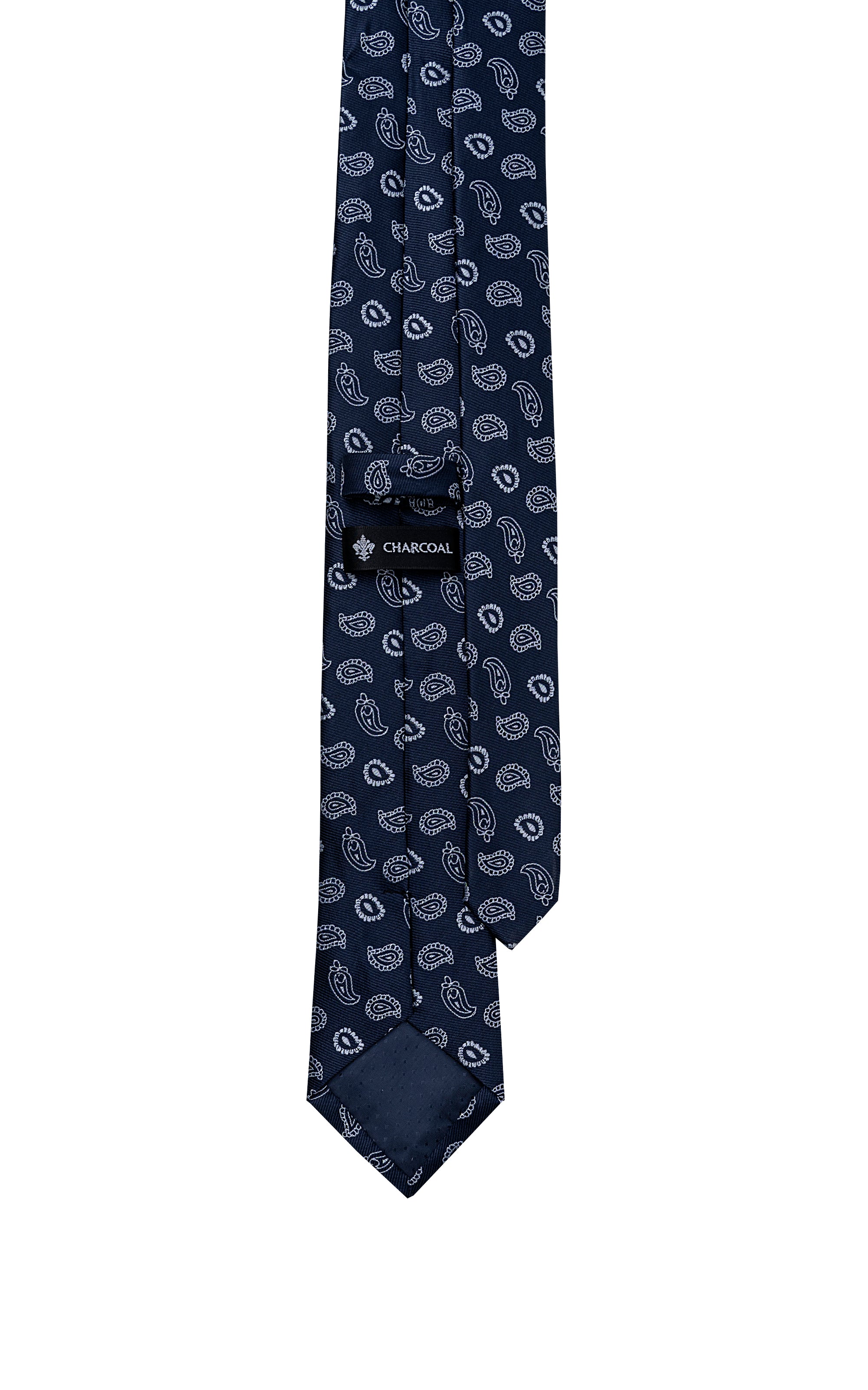 Navy poly silk necktie with paisley motifs, wide end and small woven label