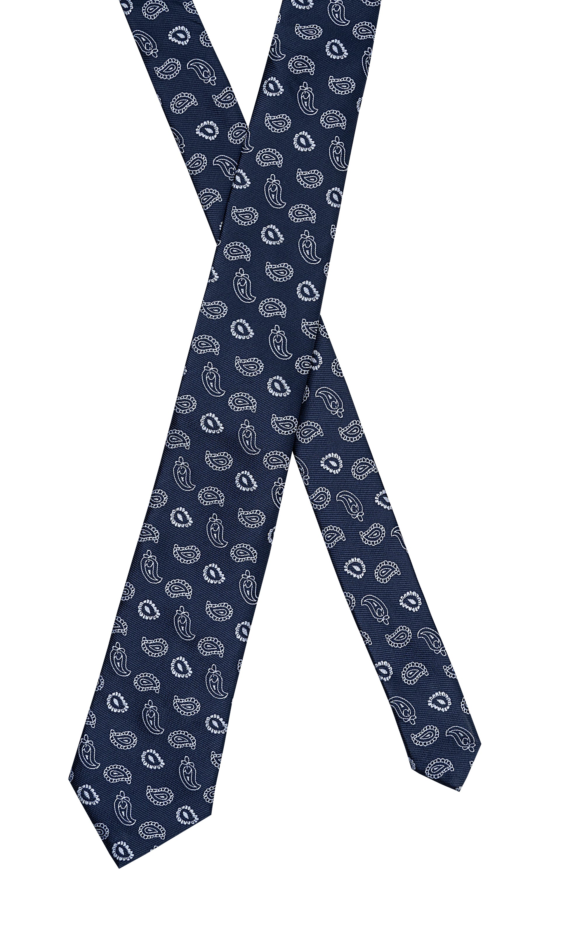 Navy poly silk necktie with repeating paisley icons, full length view