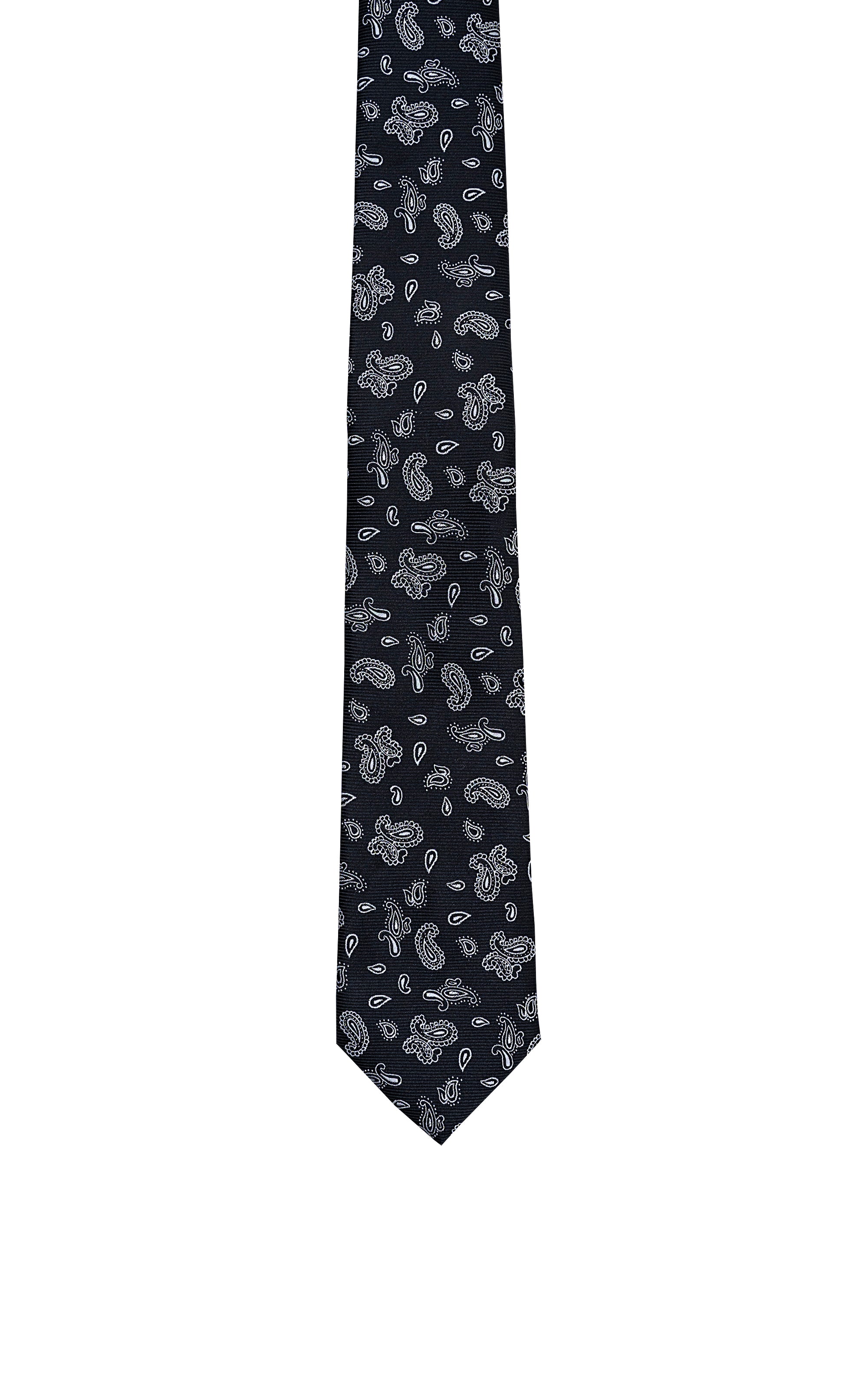 Dark navy poly silk tie with small paisley and leaf pattern, pointed end