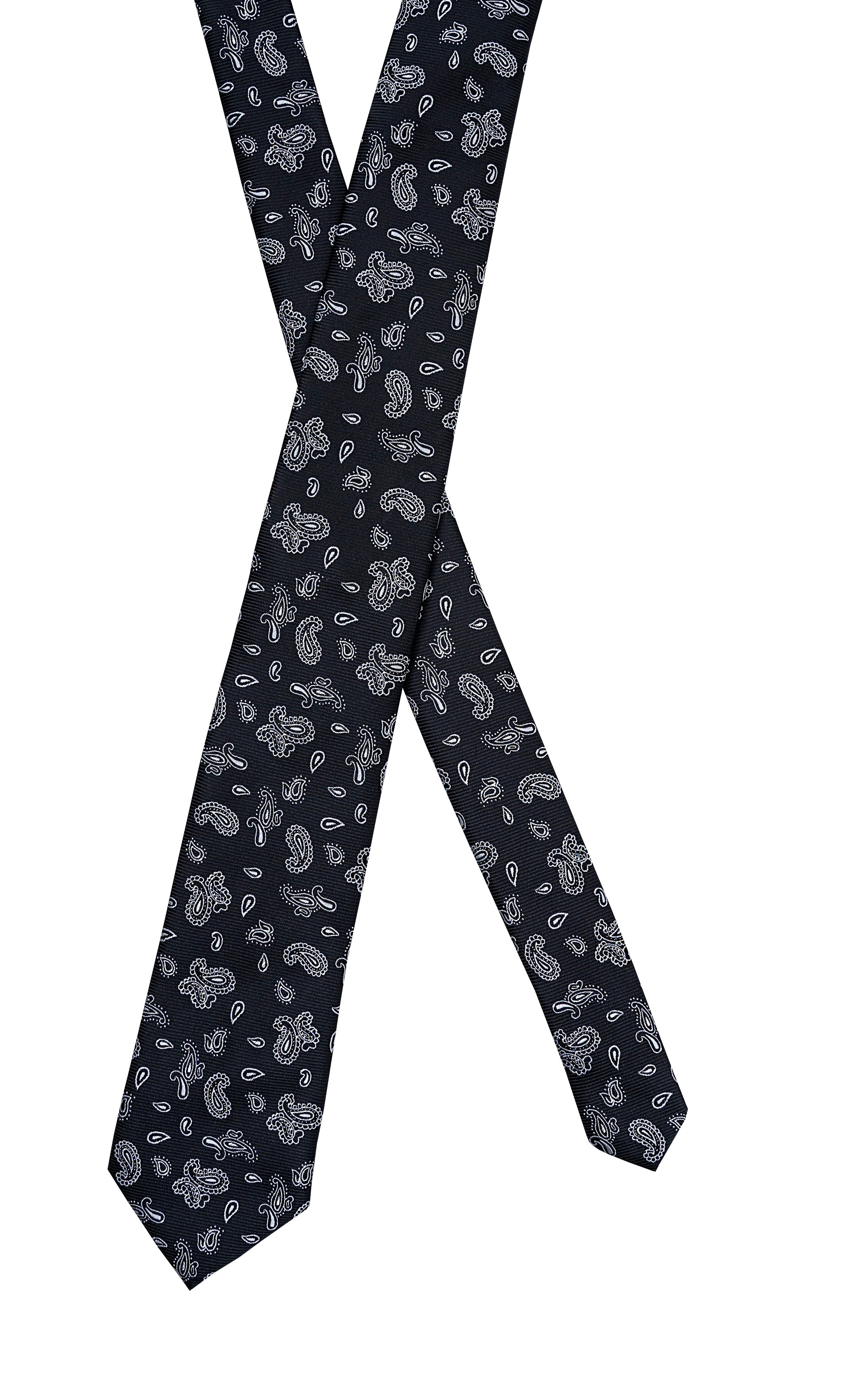 Dark poly silk tie with light paisley motif, shown open and draped