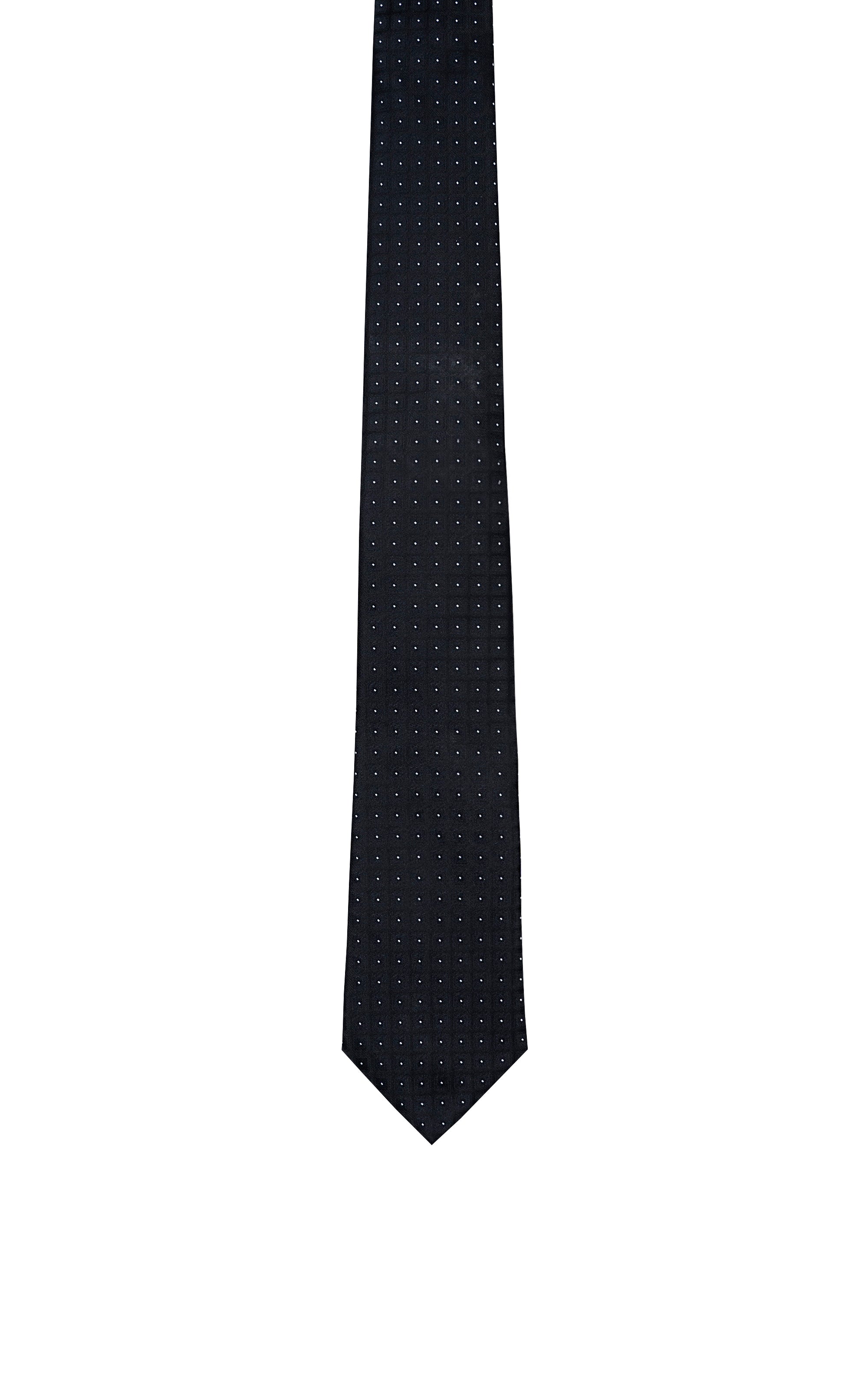 Navy dot-pattern poly silk tie with pointed end
