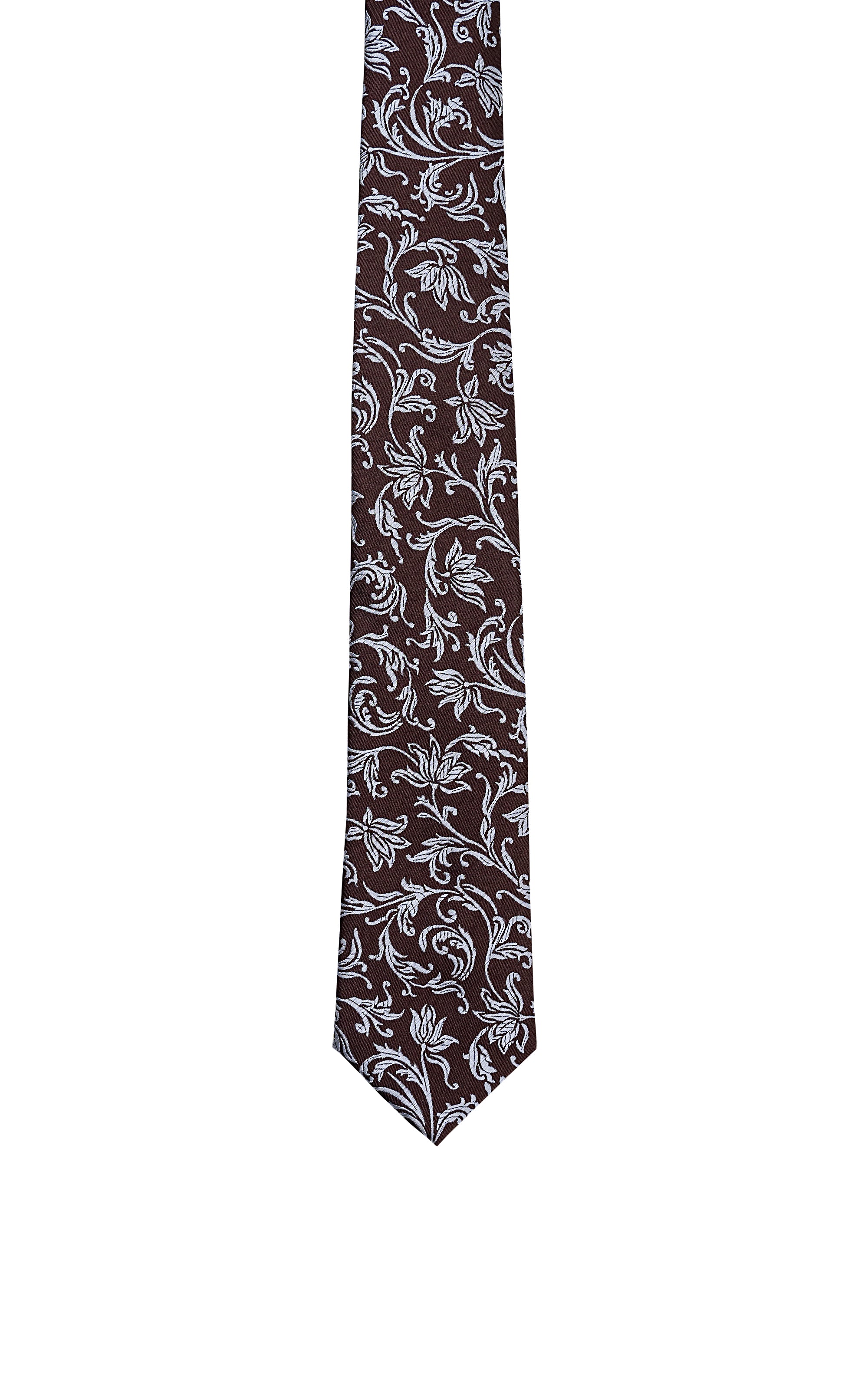 Poly silk tie in dark burgundy with white paisley floral pattern