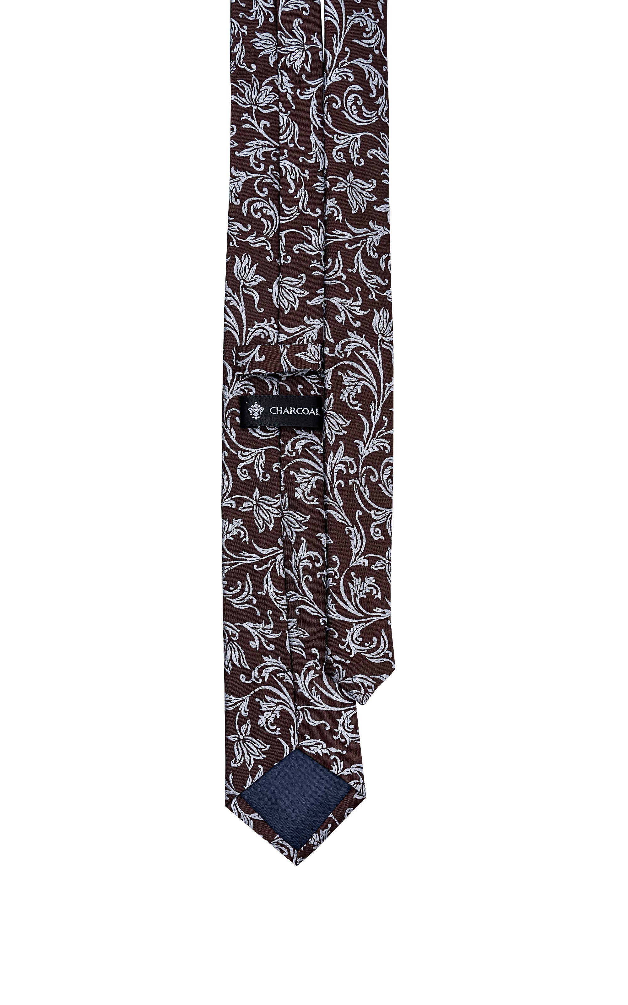 Poly silk tie, narrow end and reverse showing dark burgundy and white swirls