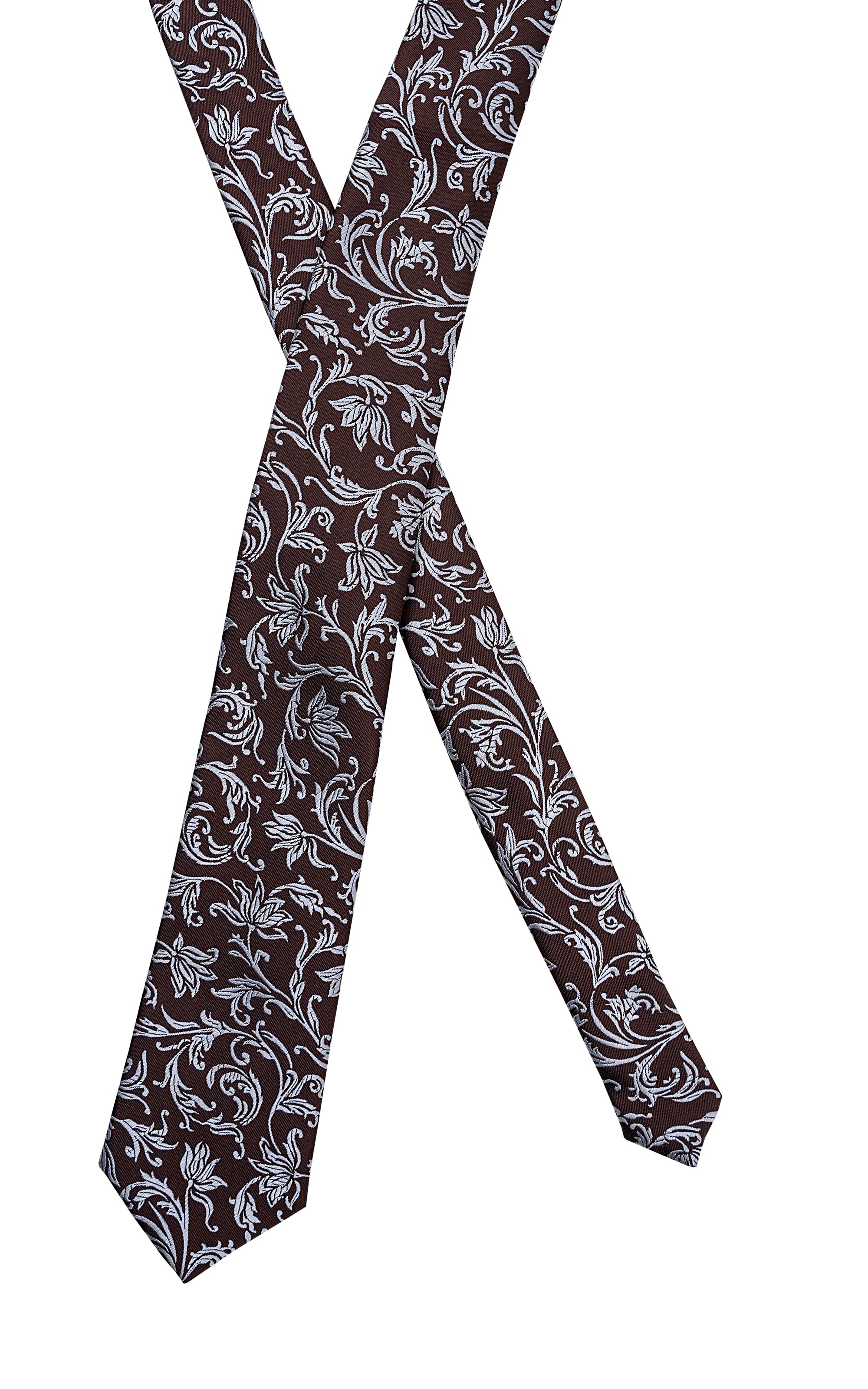 Poly silk tie with white vine and swirl motifs on dark burgundy background