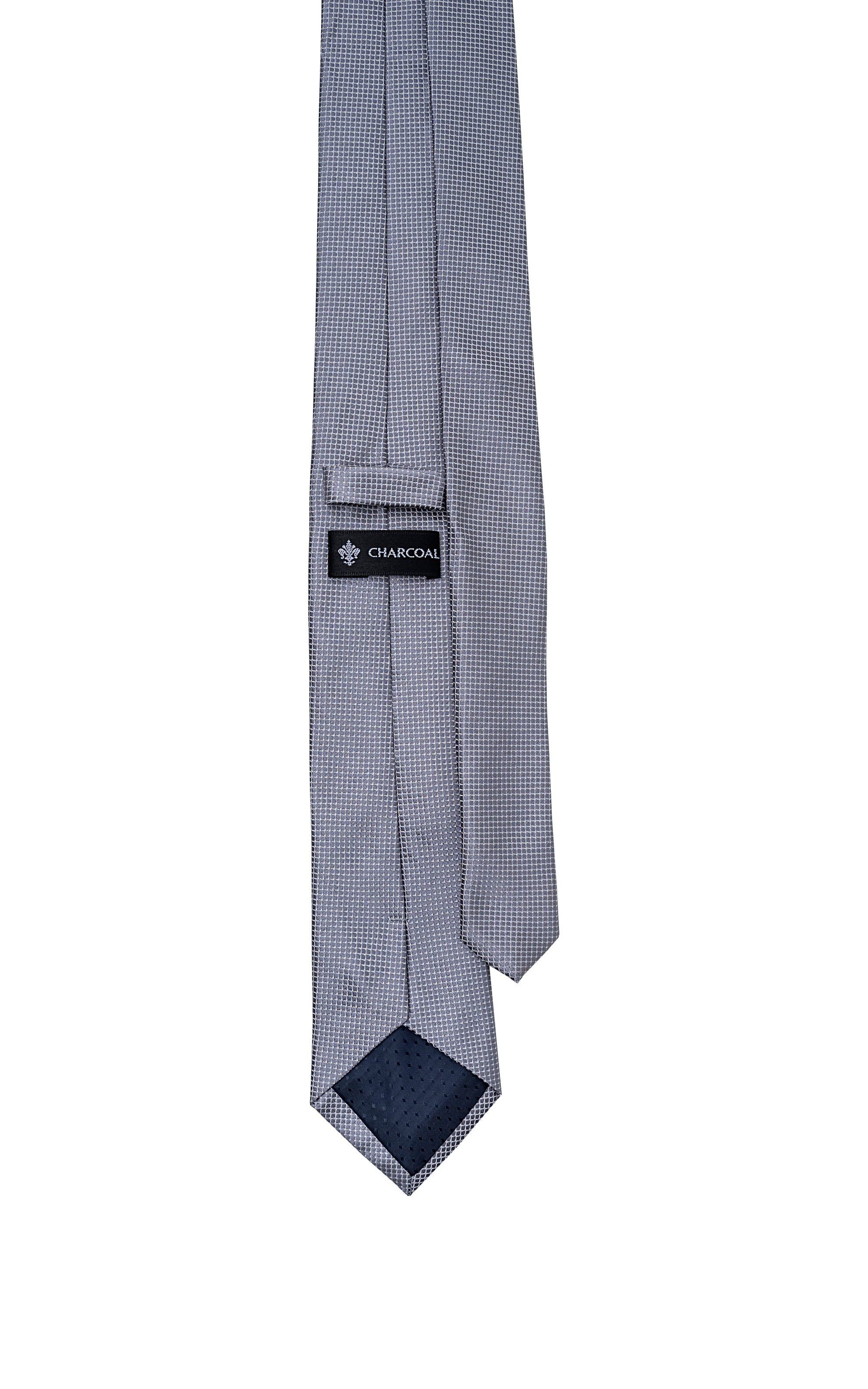 Poly silk tie, light blue microcheck with small brand label near knot