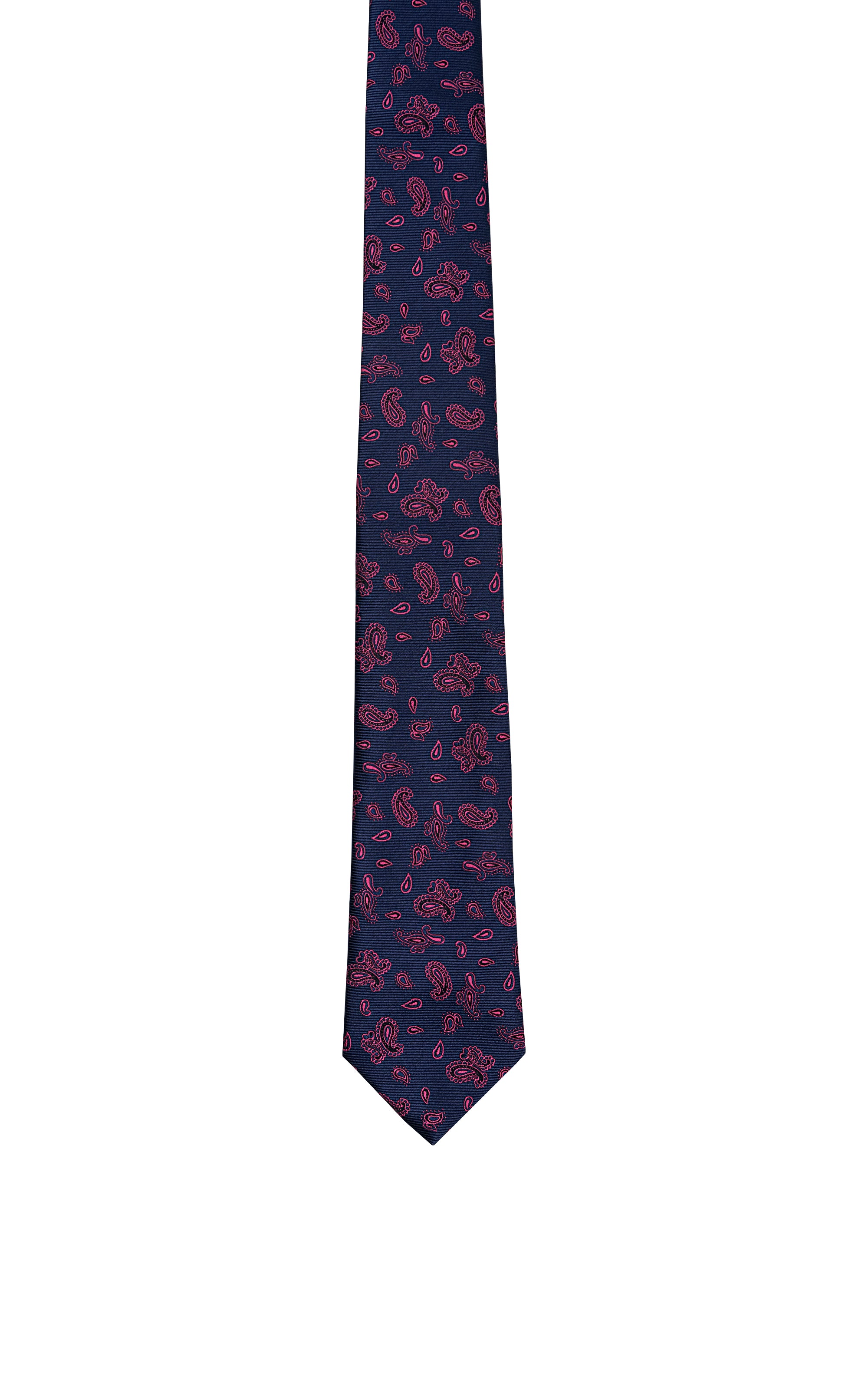 Poly silk tie in dark navy with small red paisley pattern, pointed tip