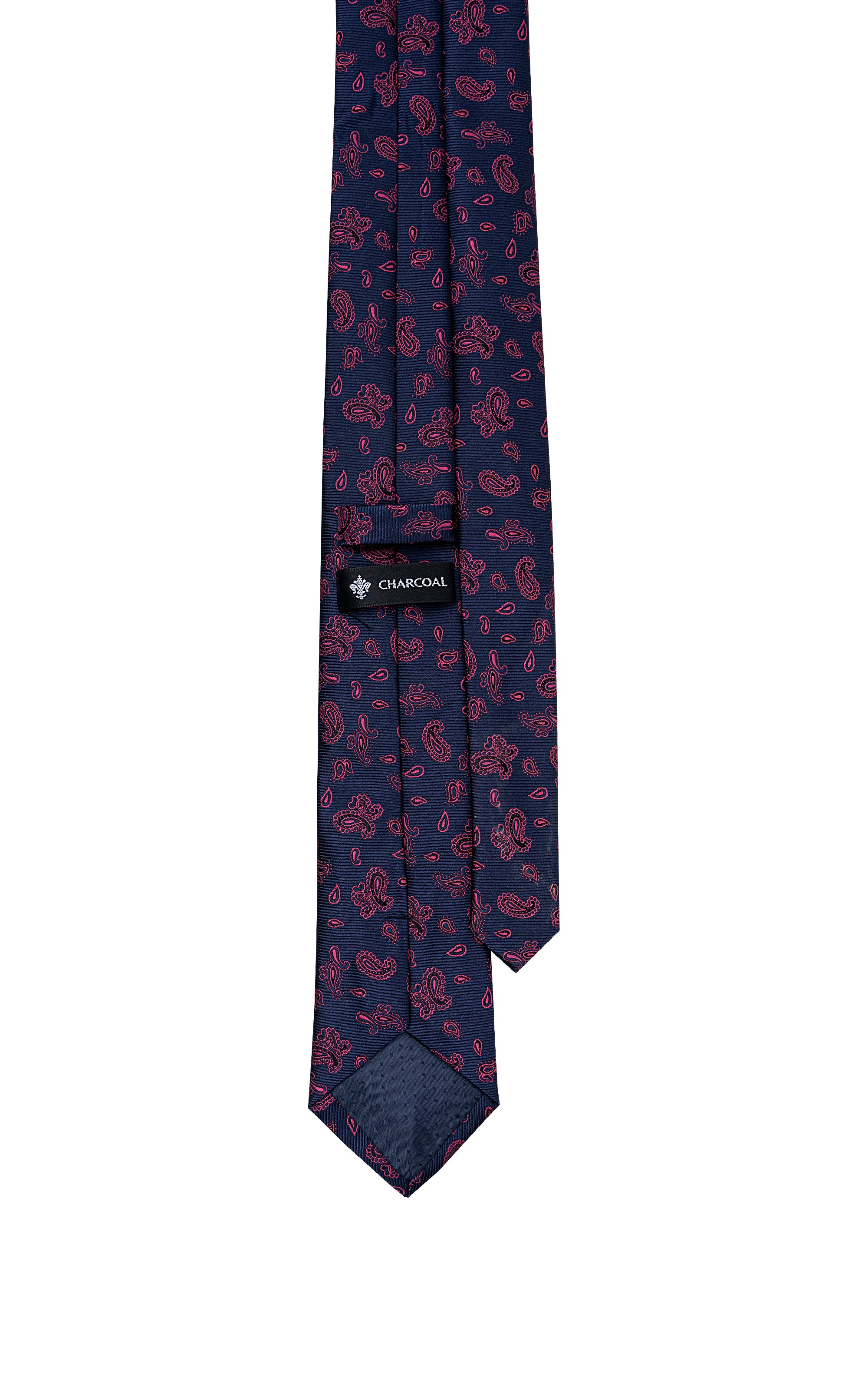 Poly silk tie with repeating red paisley motifs on dark navy background