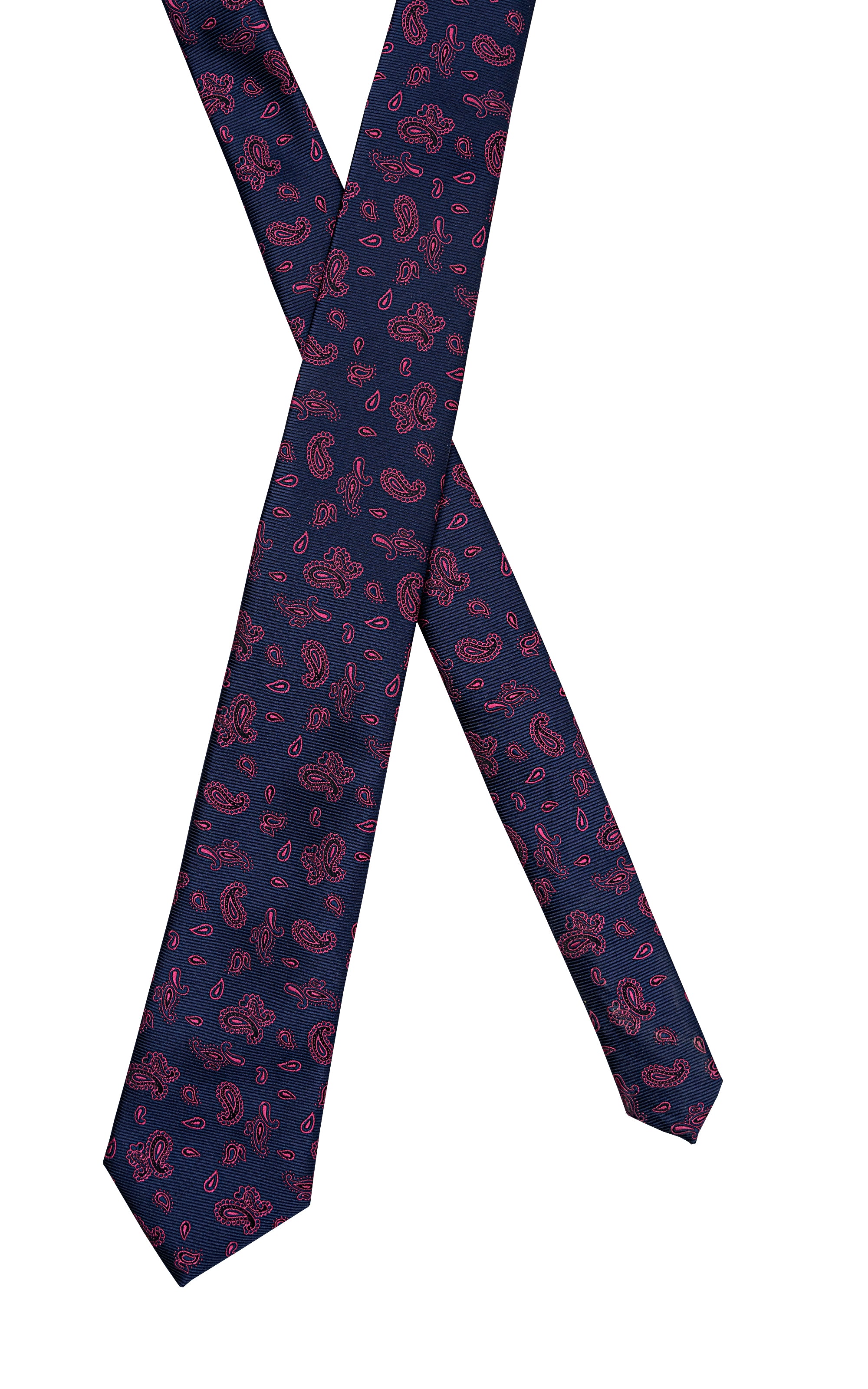 Poly silk tie front view, dark navy with red paisley pattern and tapered ends