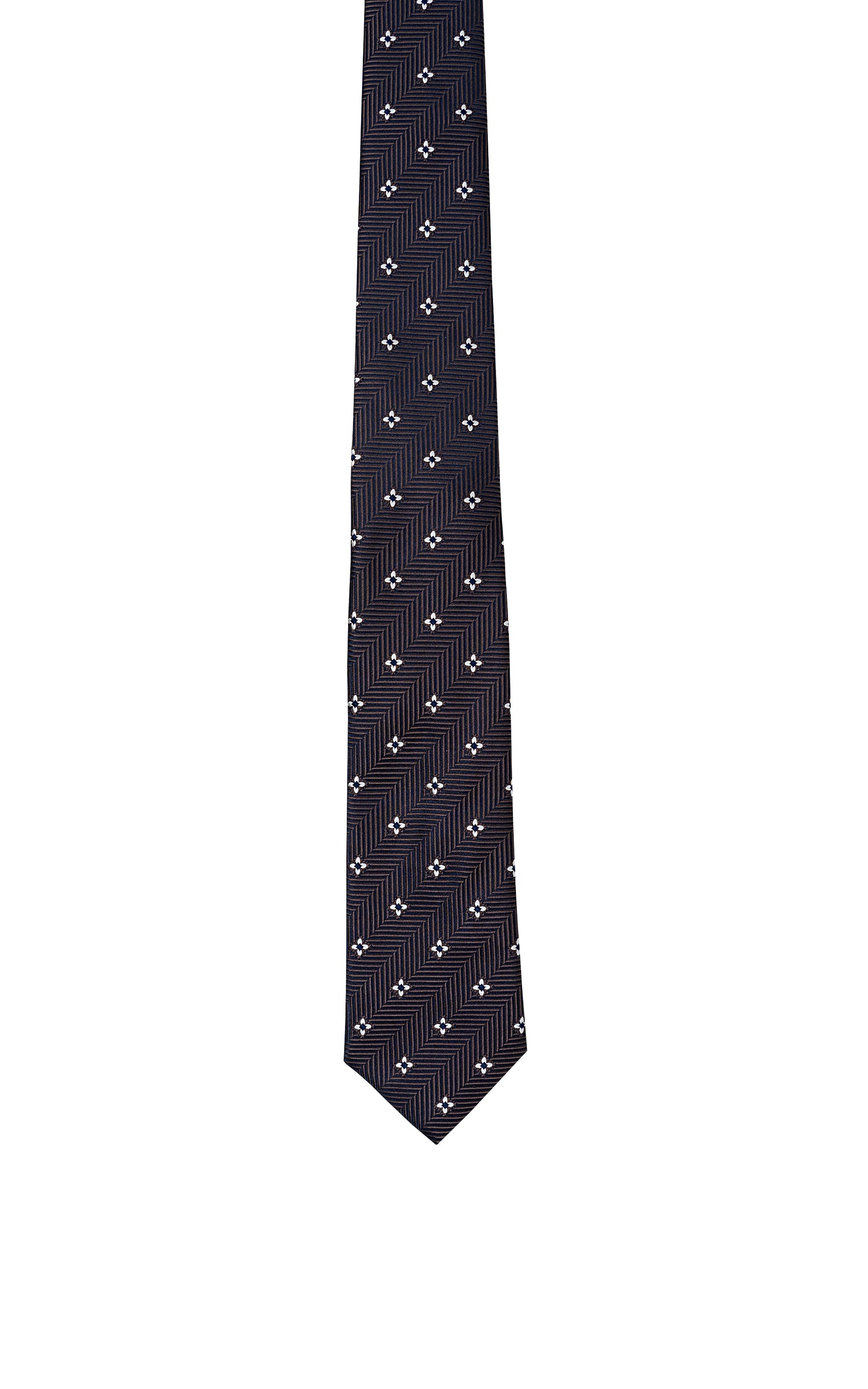 Dark navy poly silk tie with white four-leaf clover pattern