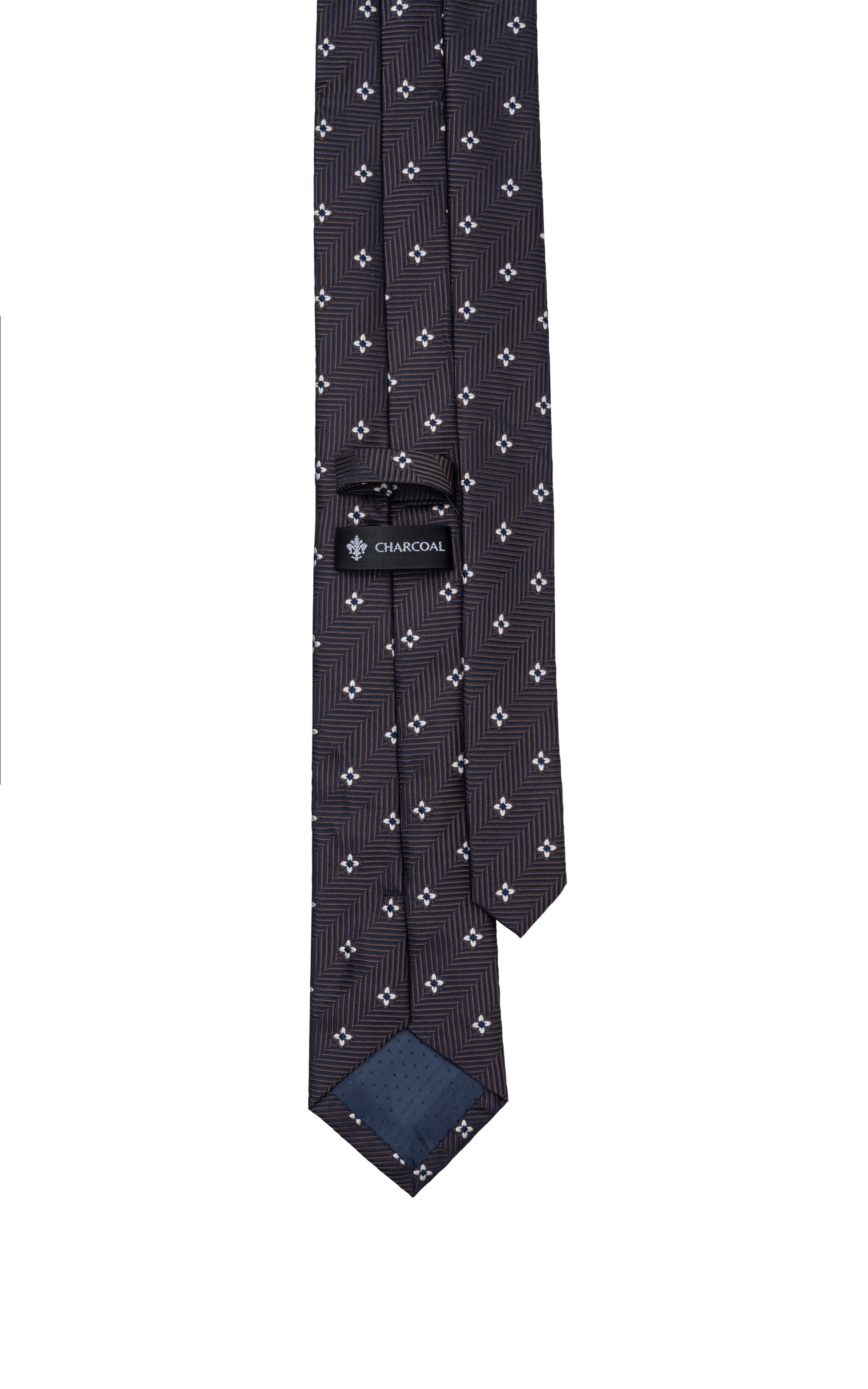 Dark navy poly silk tie with small white four-leaf clover pattern
