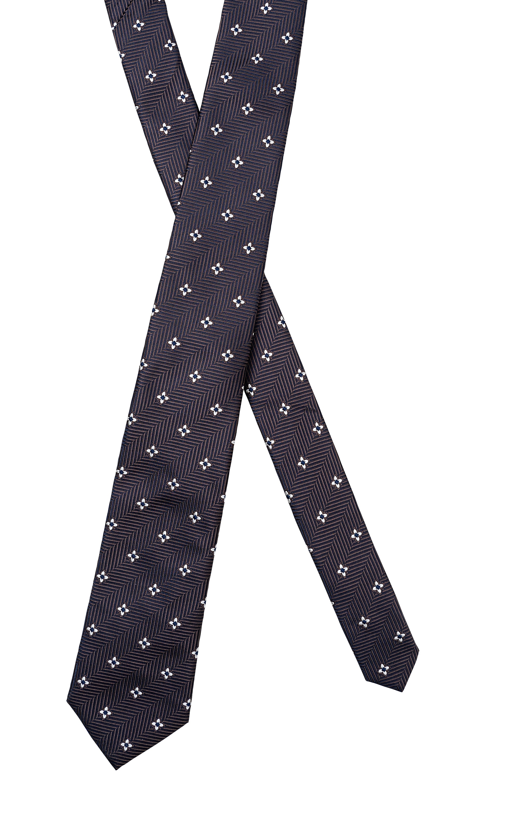 Dark navy poly silk tie, draped view, white four-leaf clover pattern