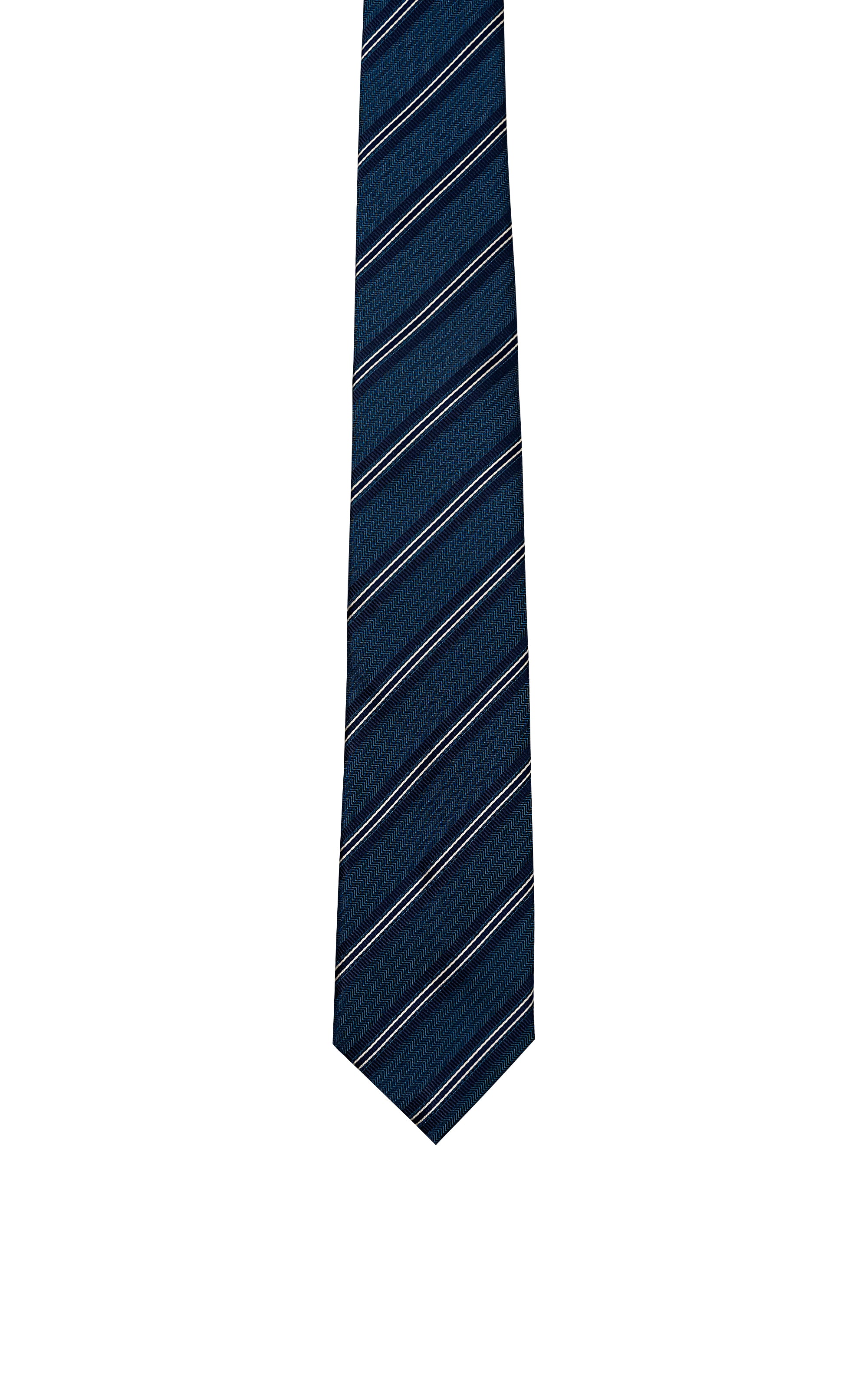 Poly silk tie, dark blue with diagonal stripe pattern, straight full length