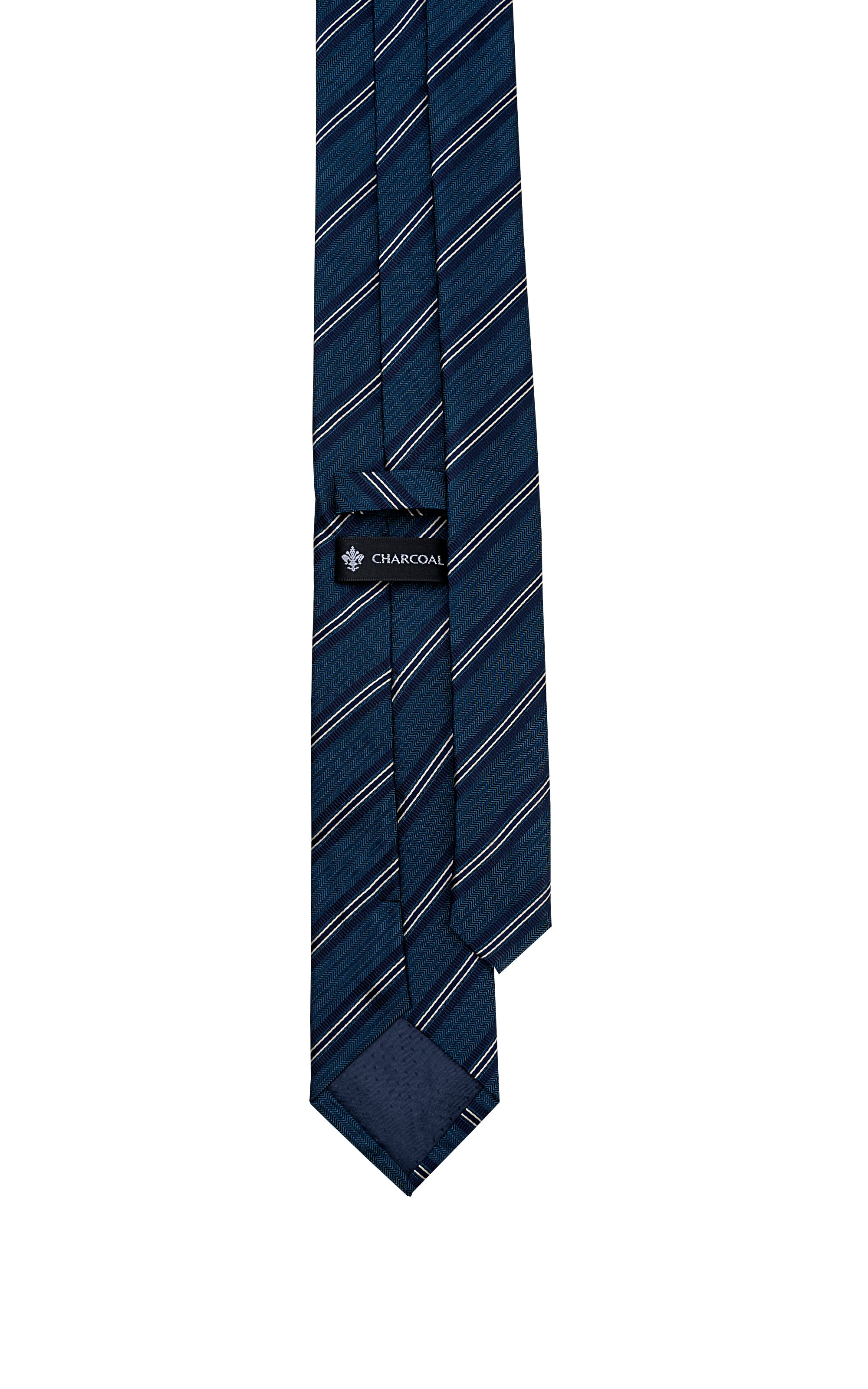 Poly silk tie, dark blue with diagonal stripe pattern, small label at tip