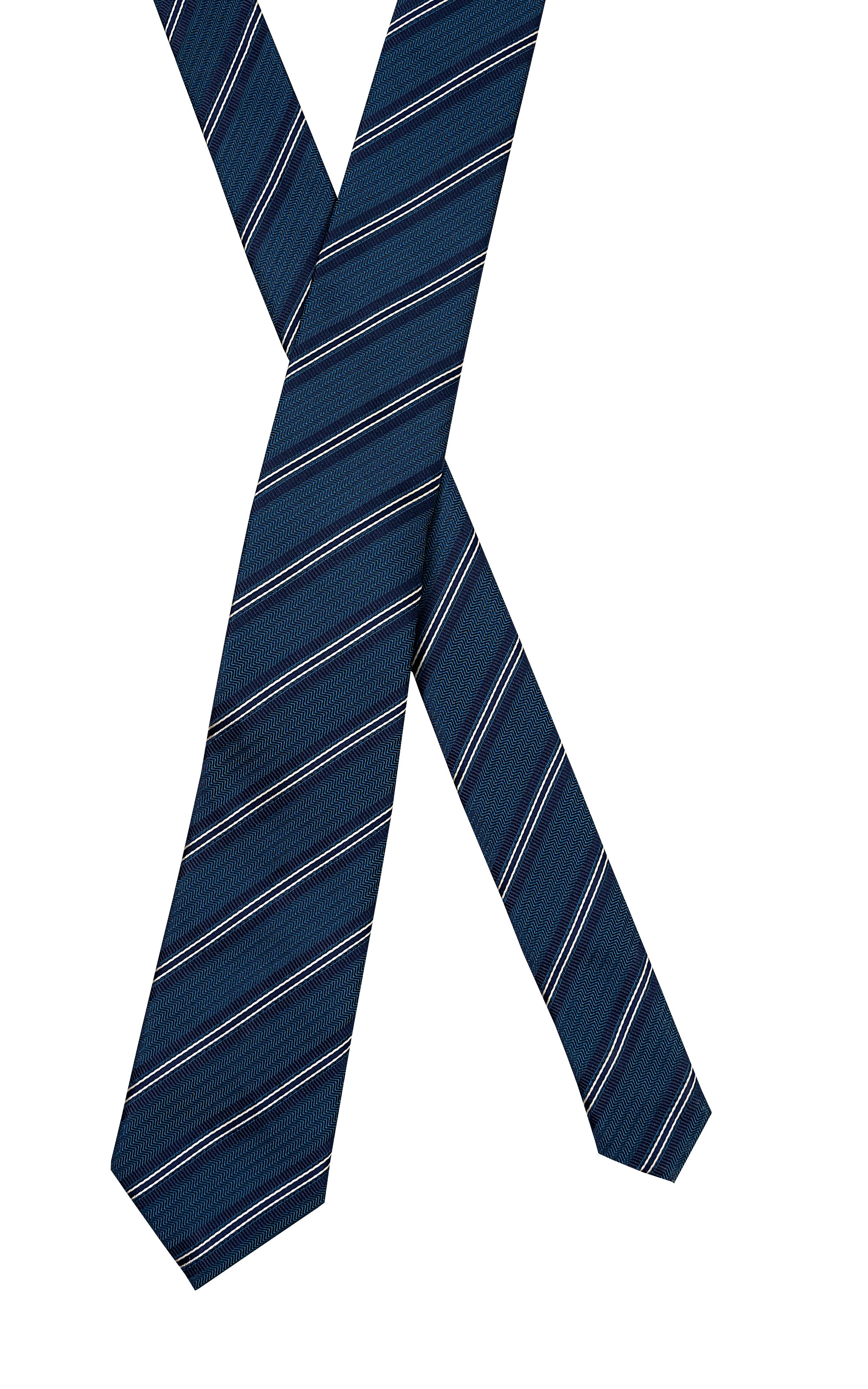 Poly silk tie, dark blue with diagonal stripes, knotted loop view