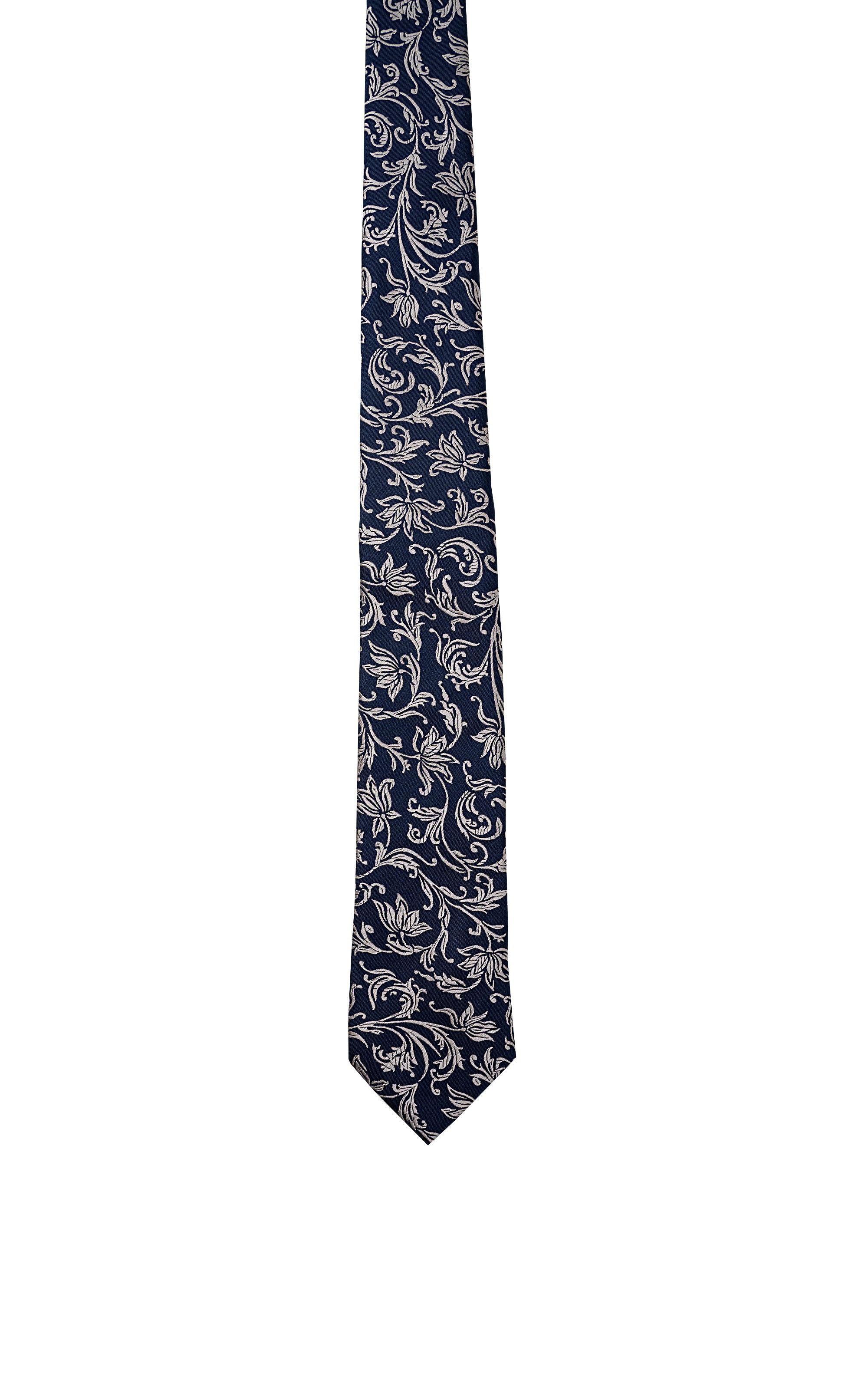Poly silk tie, dark navy with light swirling pattern, pointed tip.