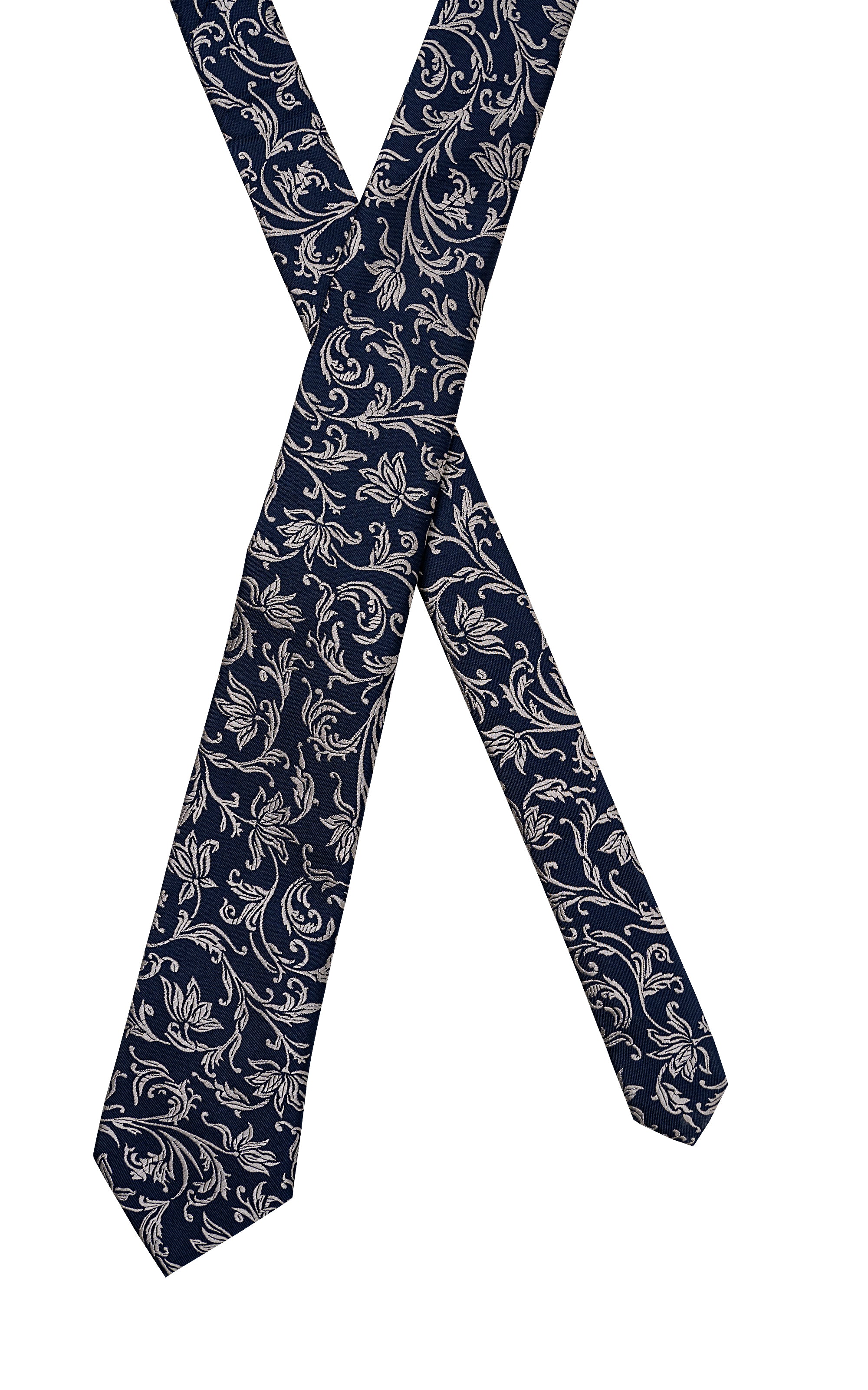 Poly silk tie, dark navy with cream scrolling motifs in a cross-knot view.