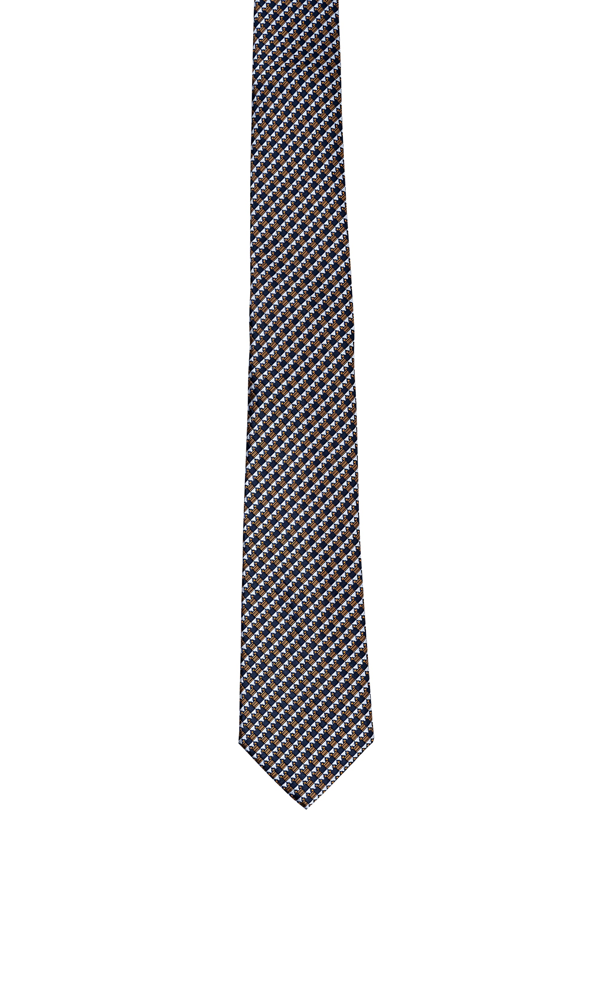 Poly silk tie end with dark geometric weave pattern