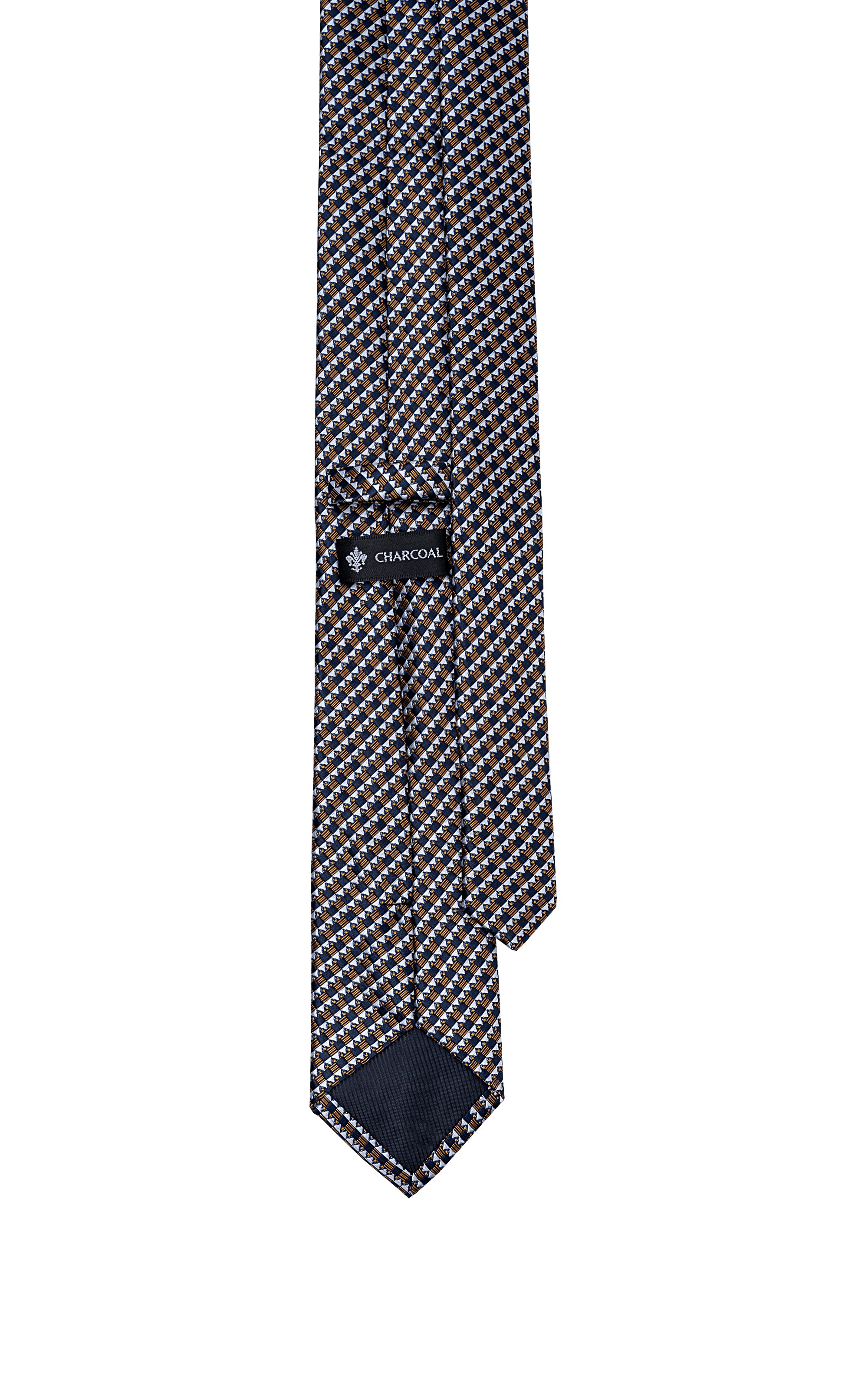 Poly silk tie tip with dark geometric pattern and stitched label