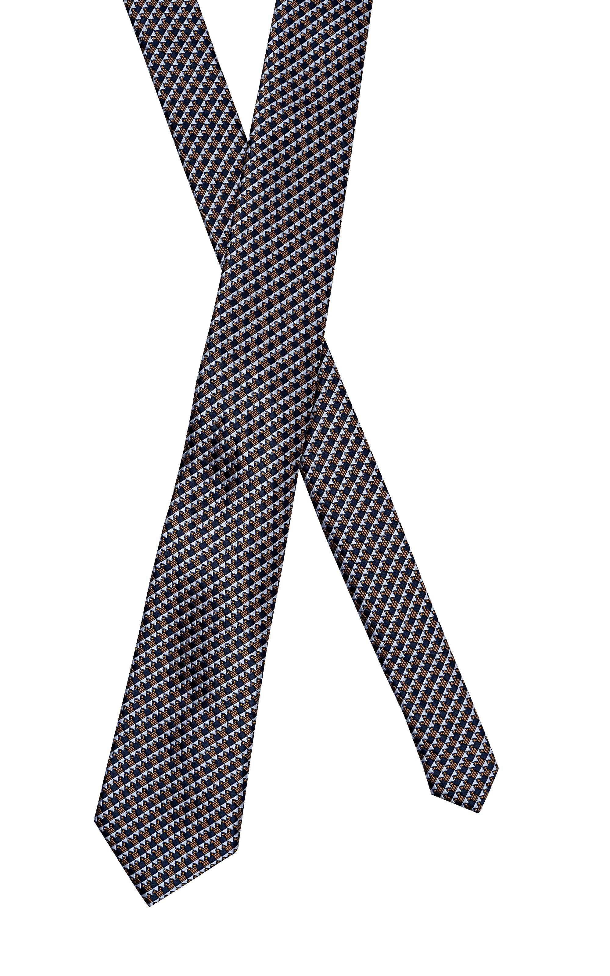 Poly silk tie shown in draped knot, dark geometric pattern