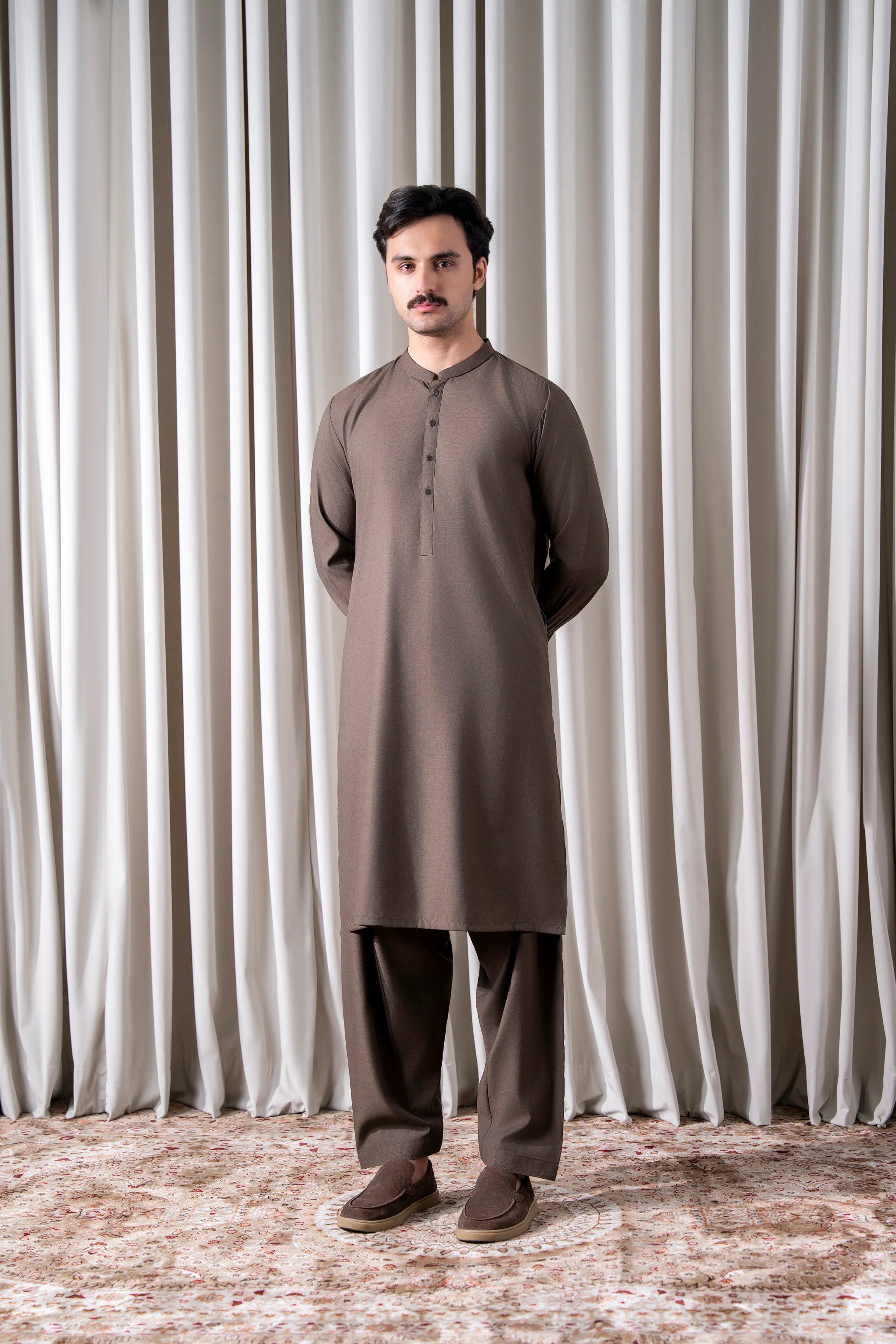 Dark brown textured kameez shalwar set, front view with button placket and straight hem