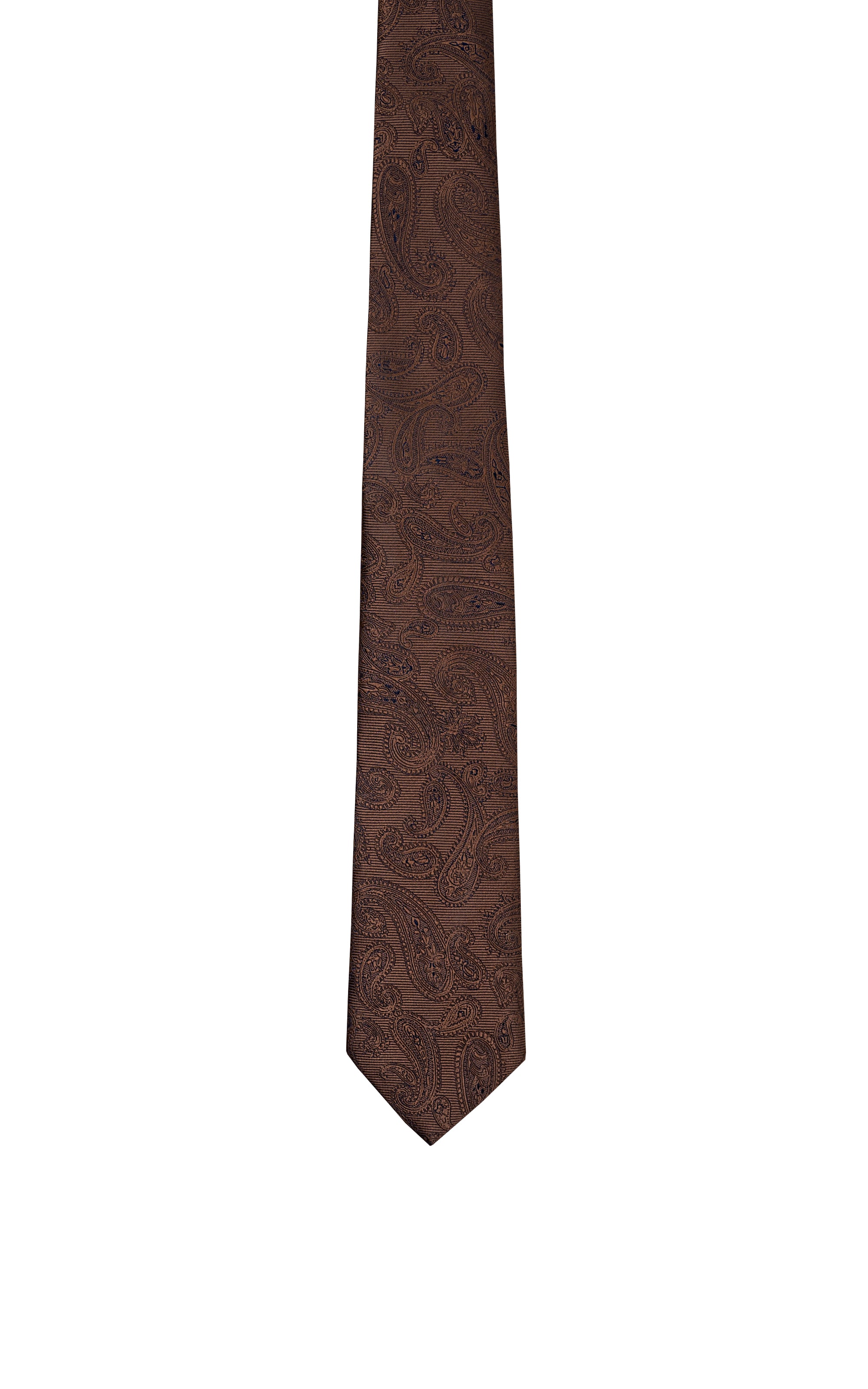 Brown polyester silk tie with repeating paisley motif, straight view