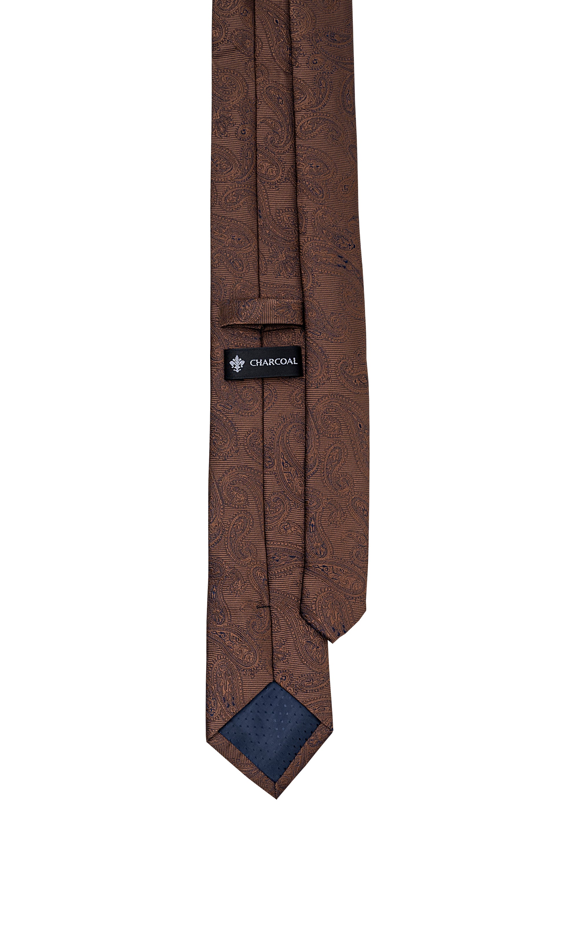 Brown polyester silk tie with paisley print and charcoal label at knot