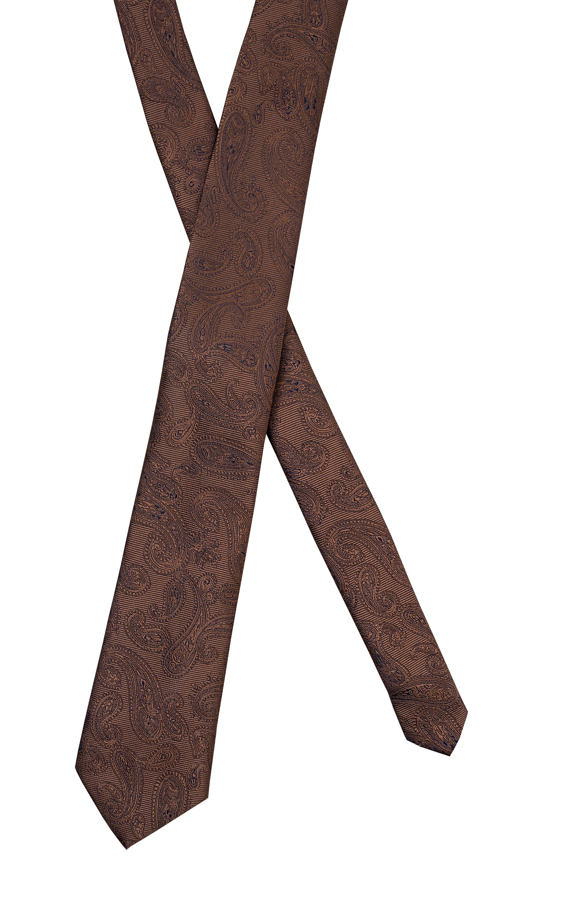 Brown polyester silk tie with paisley pattern, crossed necktie view