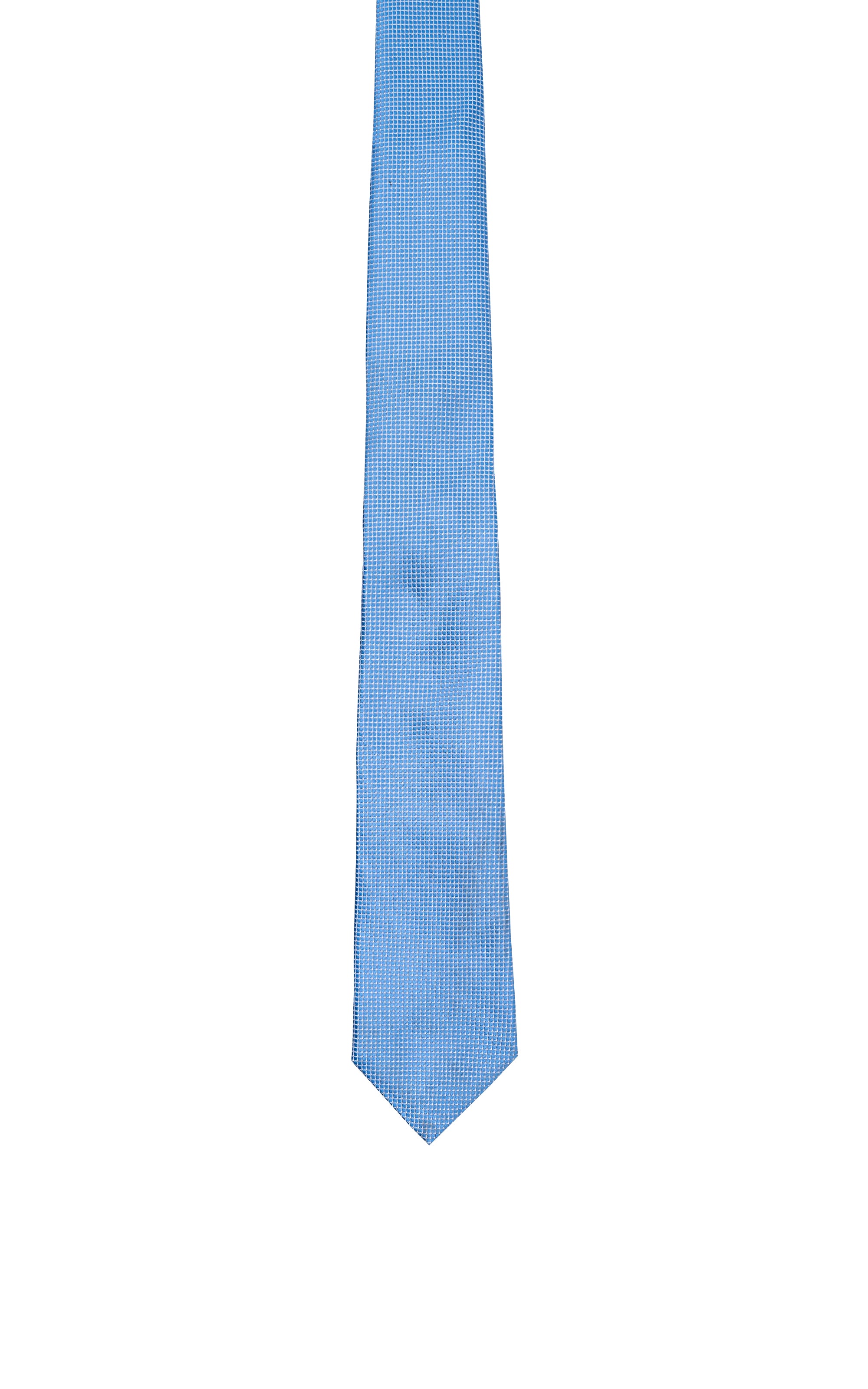 Poly silk tie, light blue woven texture with pointed tip