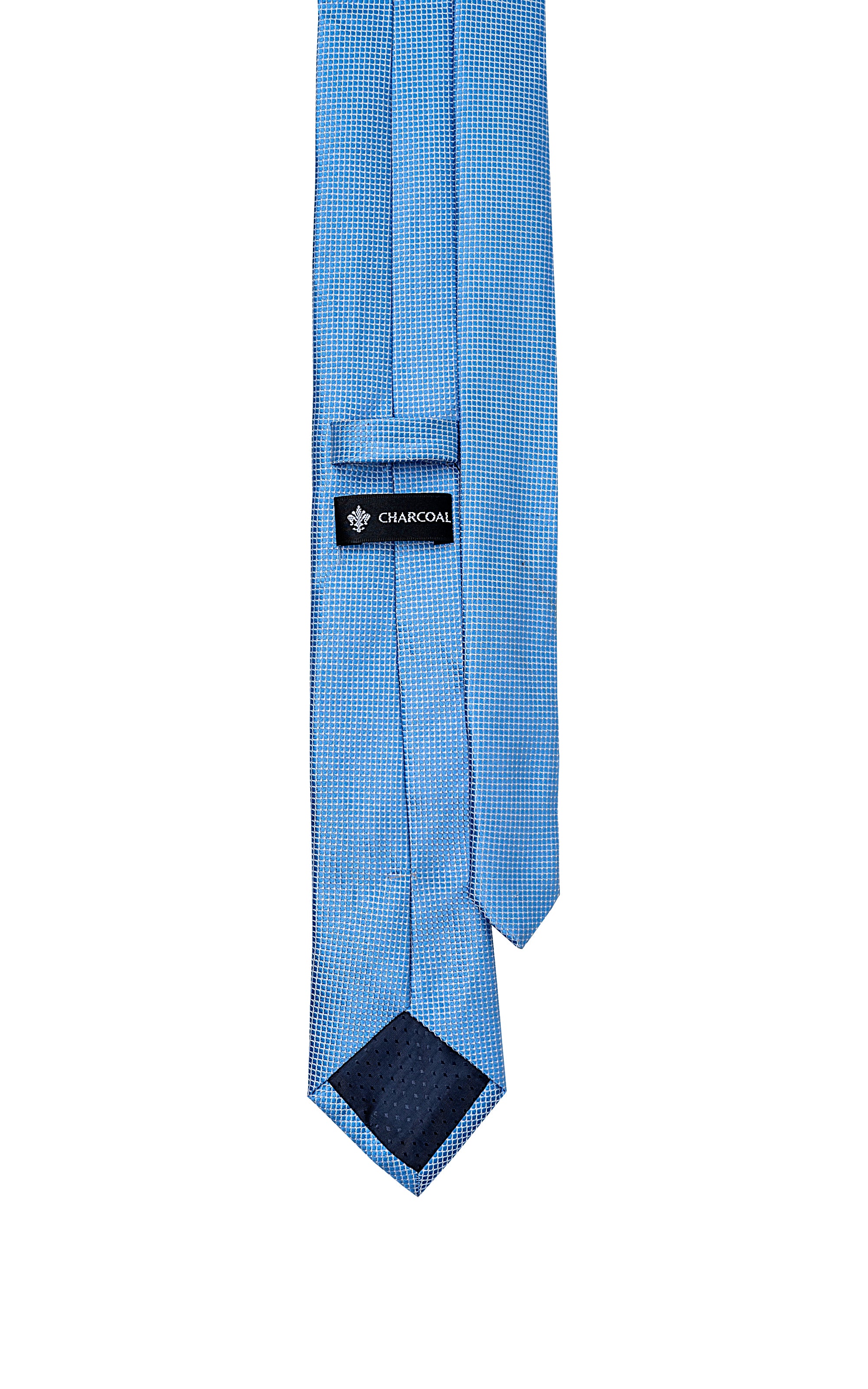 Poly silk tie, light blue woven pattern with keeper label and narrow end