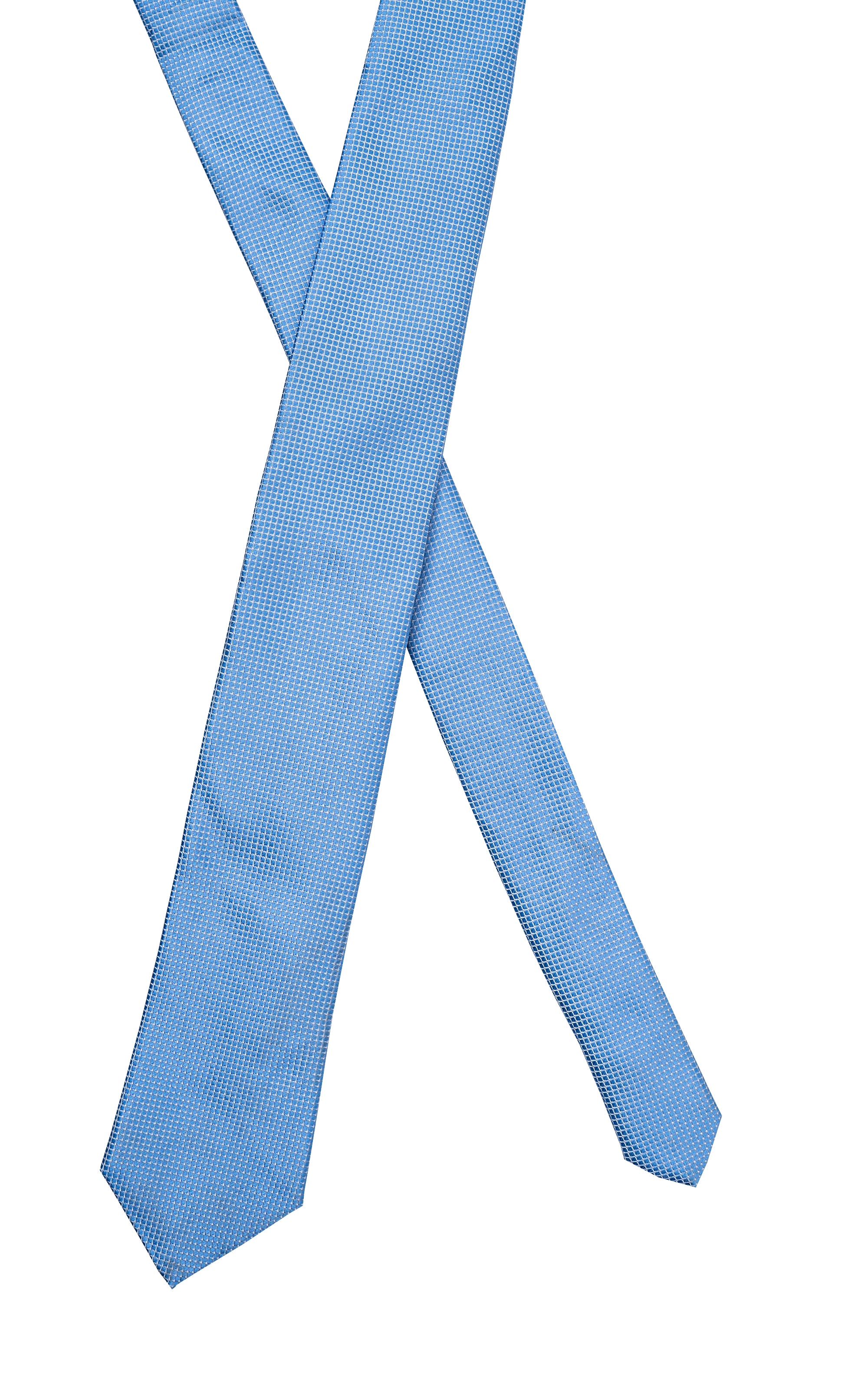 Poly silk tie, light blue woven texture with slim pointed ends