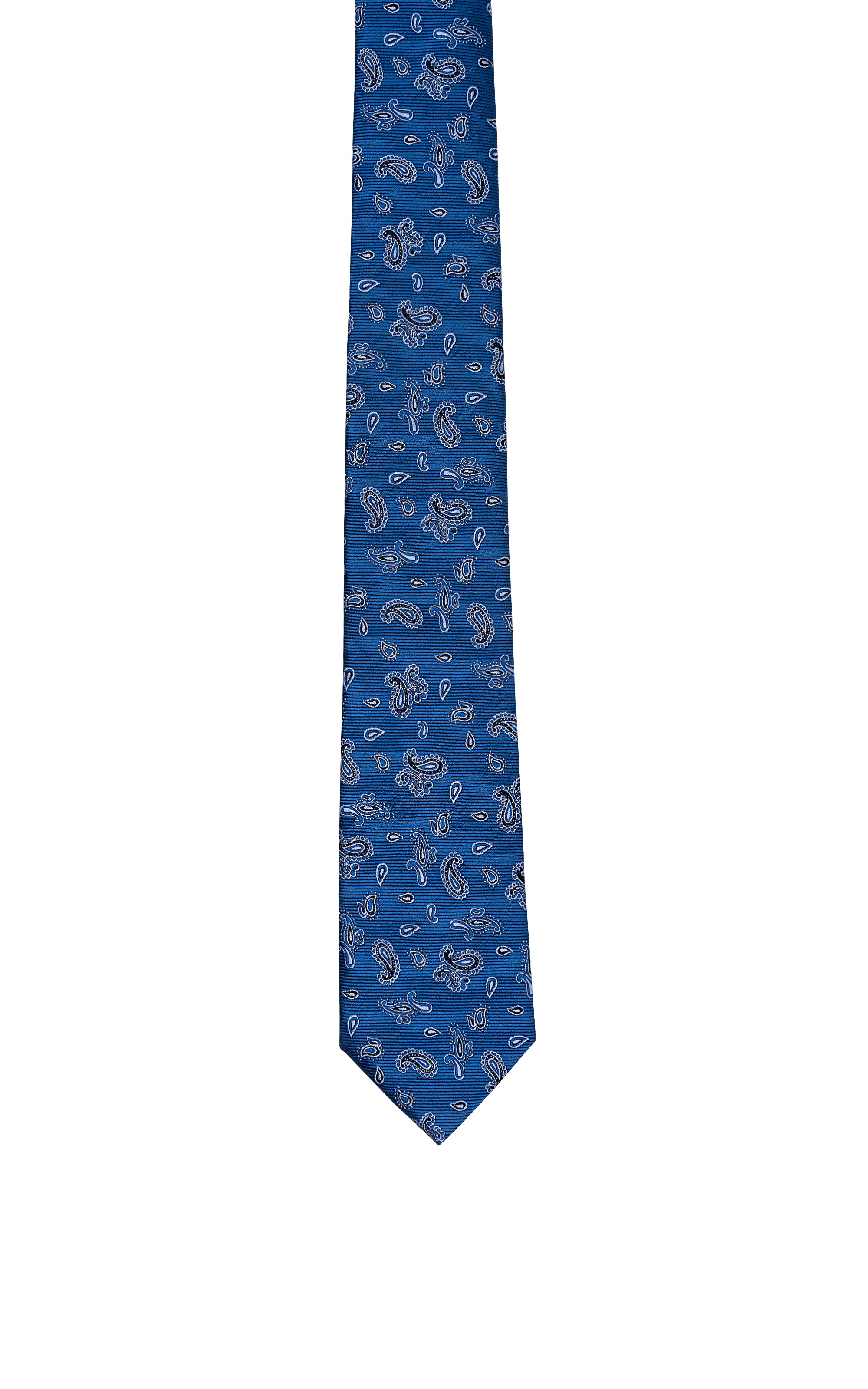 Blue poly silk tie with small paisley pattern