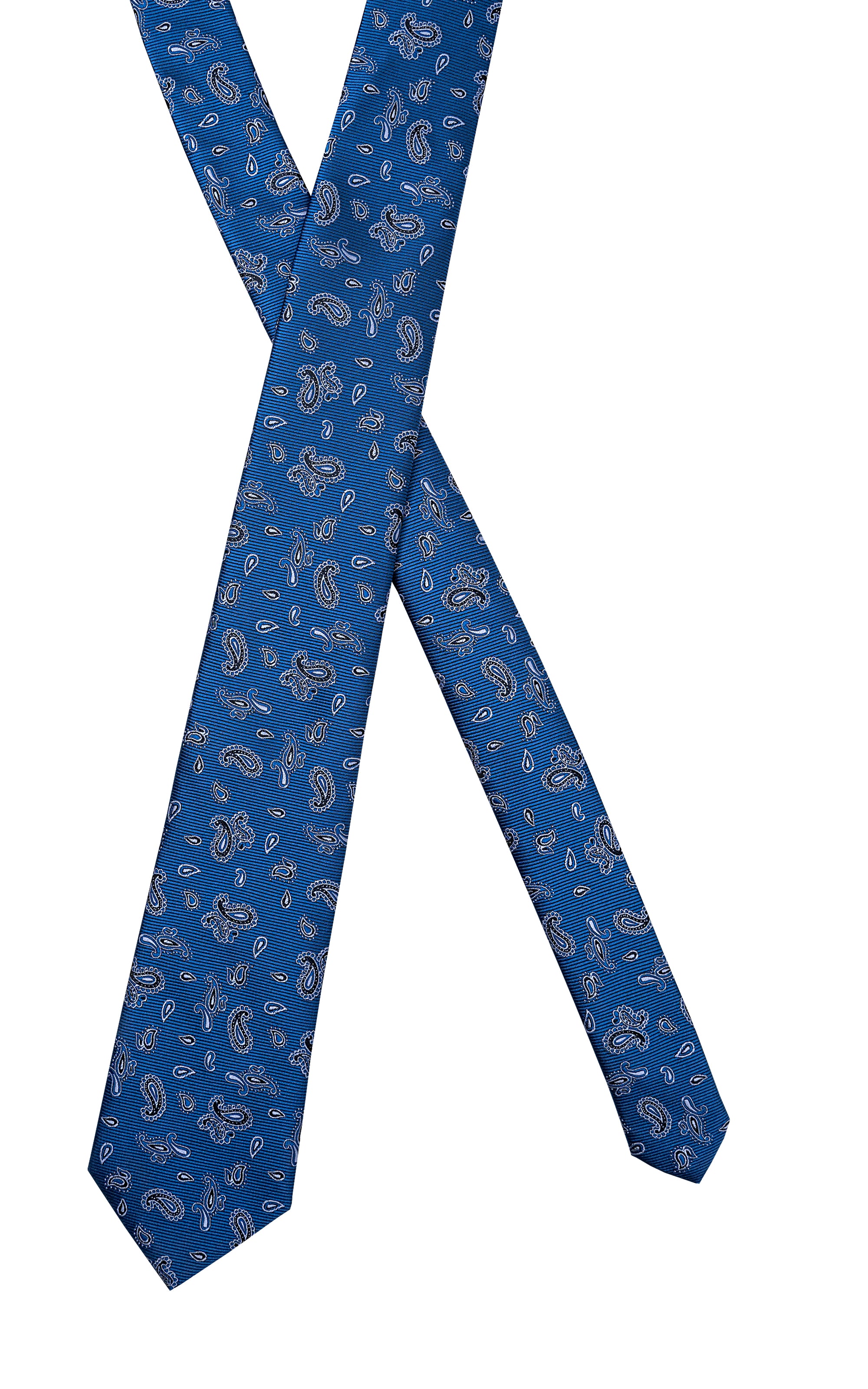 Blue poly silk tie with repeating paisley motifs