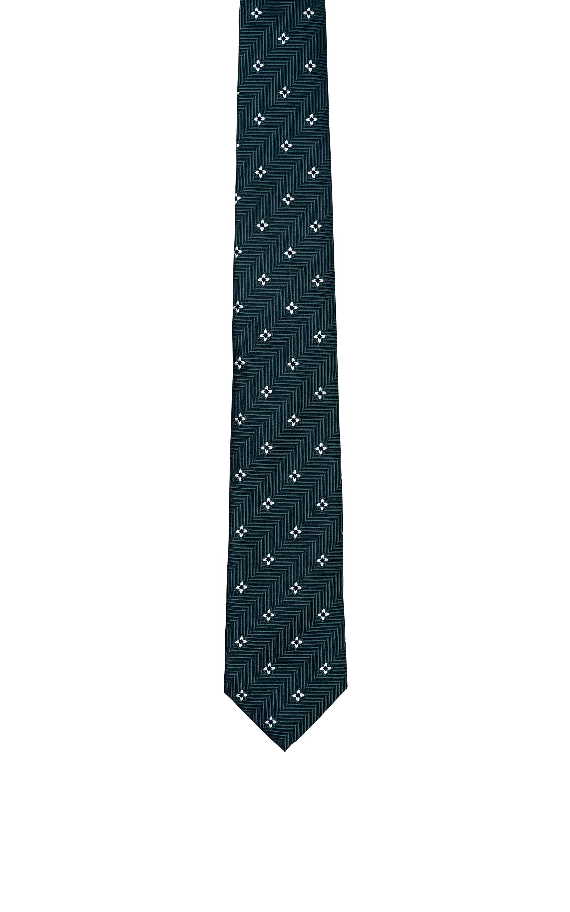 Dark teal patterned polyester silk tie with small clover motifs, straight view
