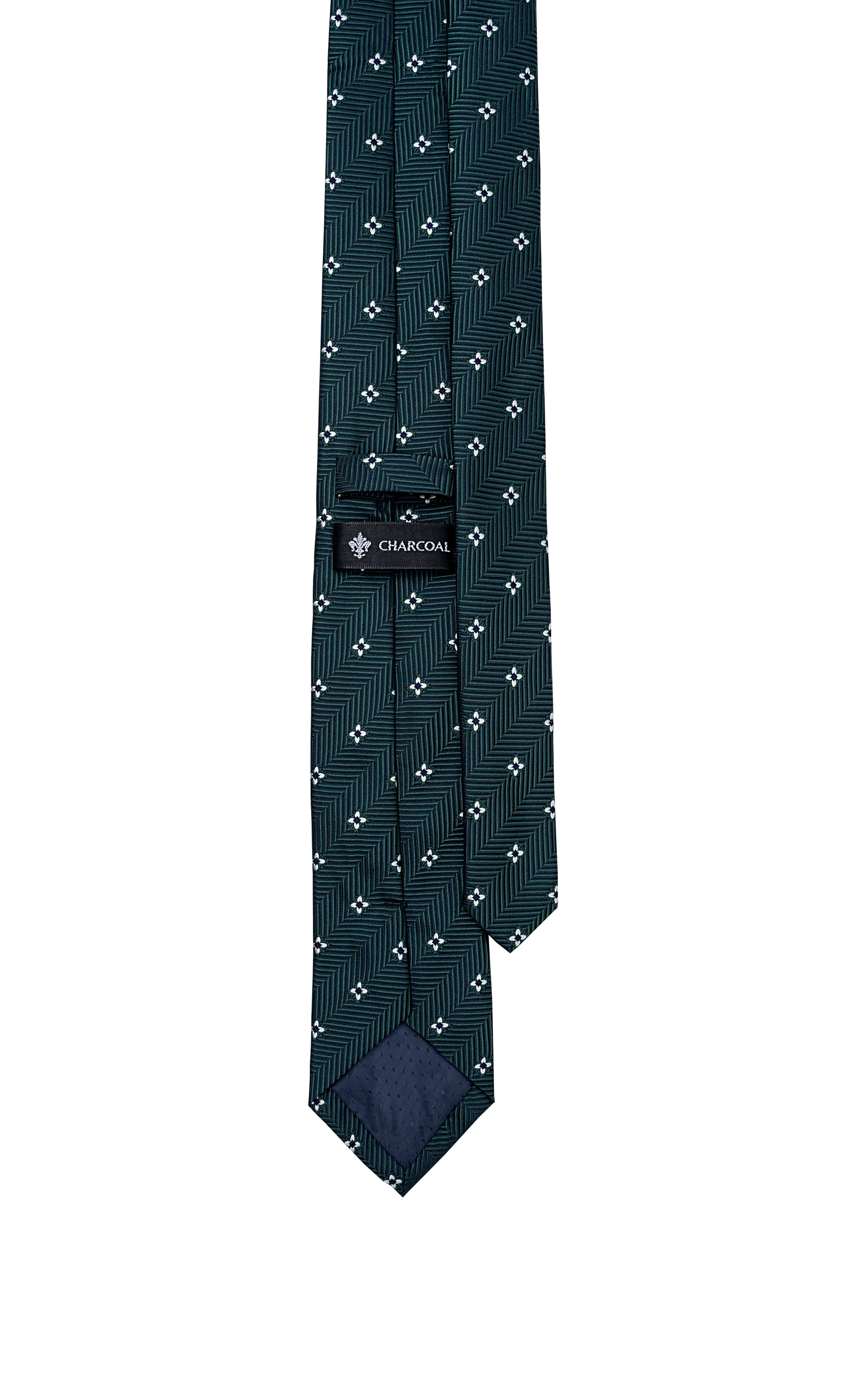 Dark teal patterned polyester silk tie with clover motifs and CHARCOAL tag