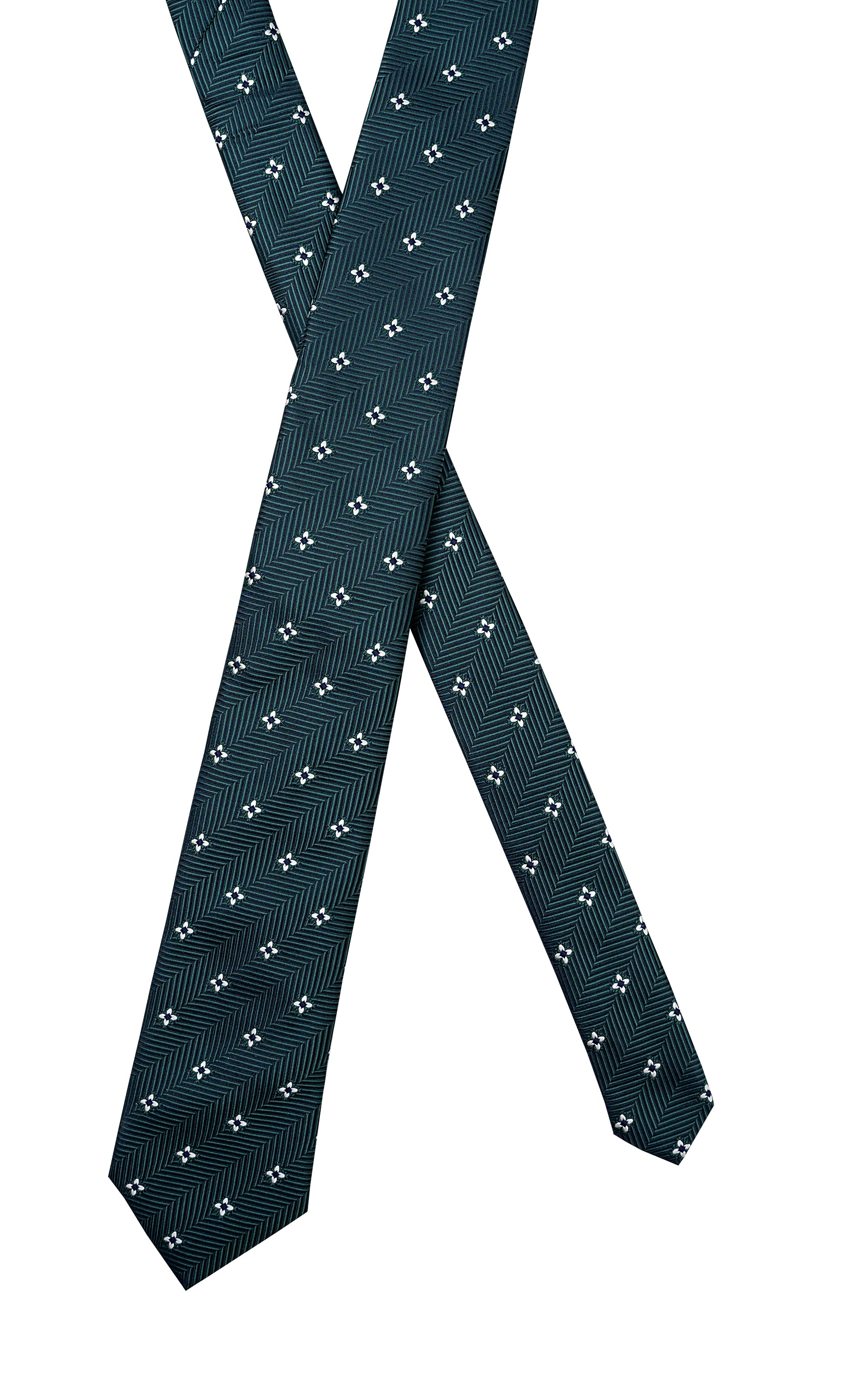 Dark teal patterned polyester silk tie with small clover motifs, narrow end view