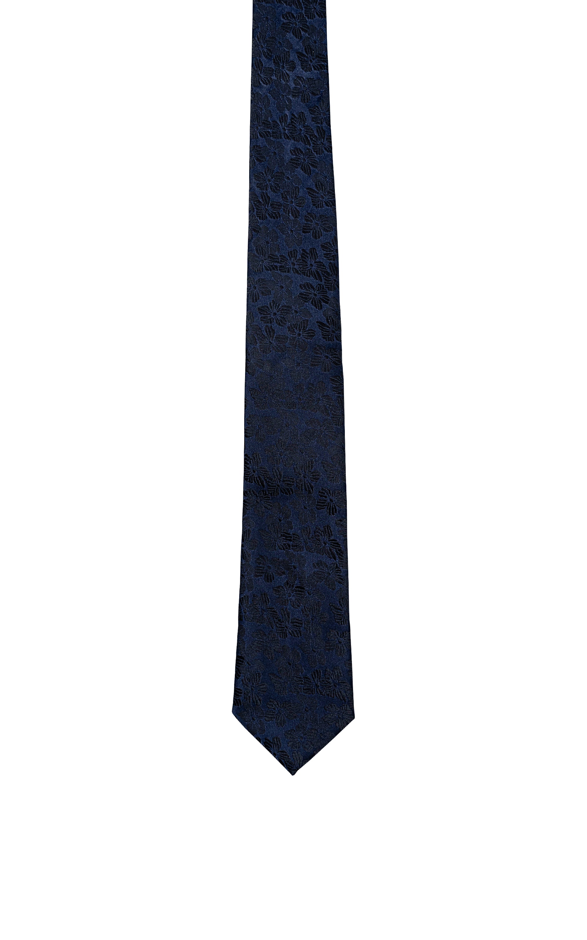 Poly silk tie in dark navy with leaf-like pattern and pointed tip