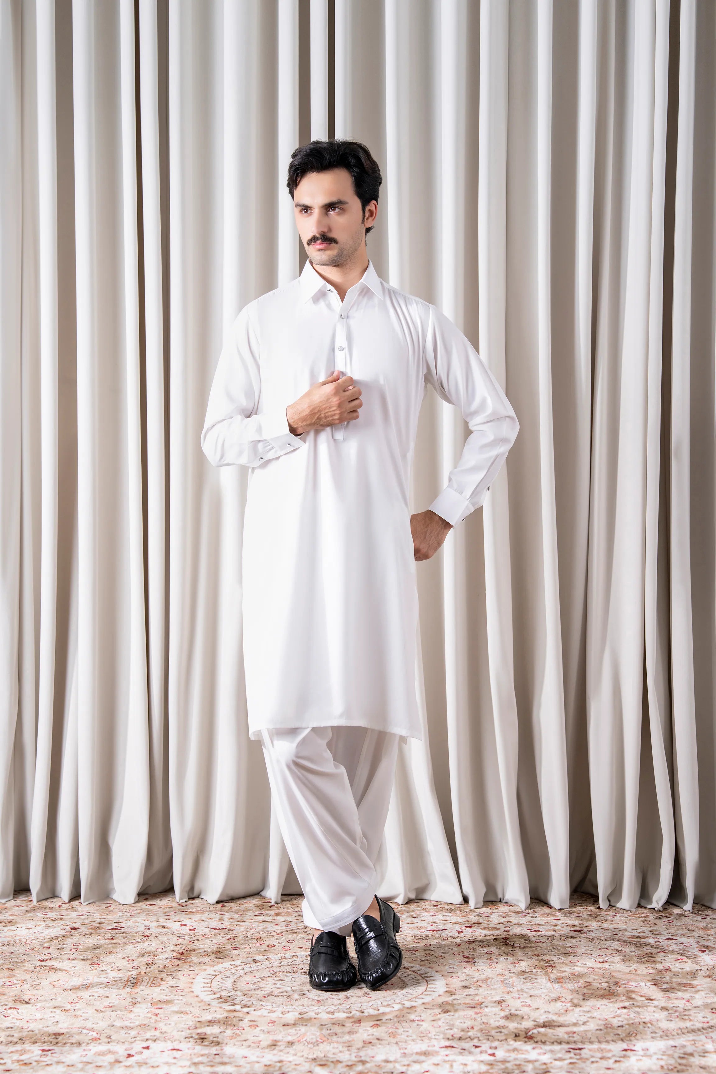 White textured kameez shalwar set with stand collar and button placket