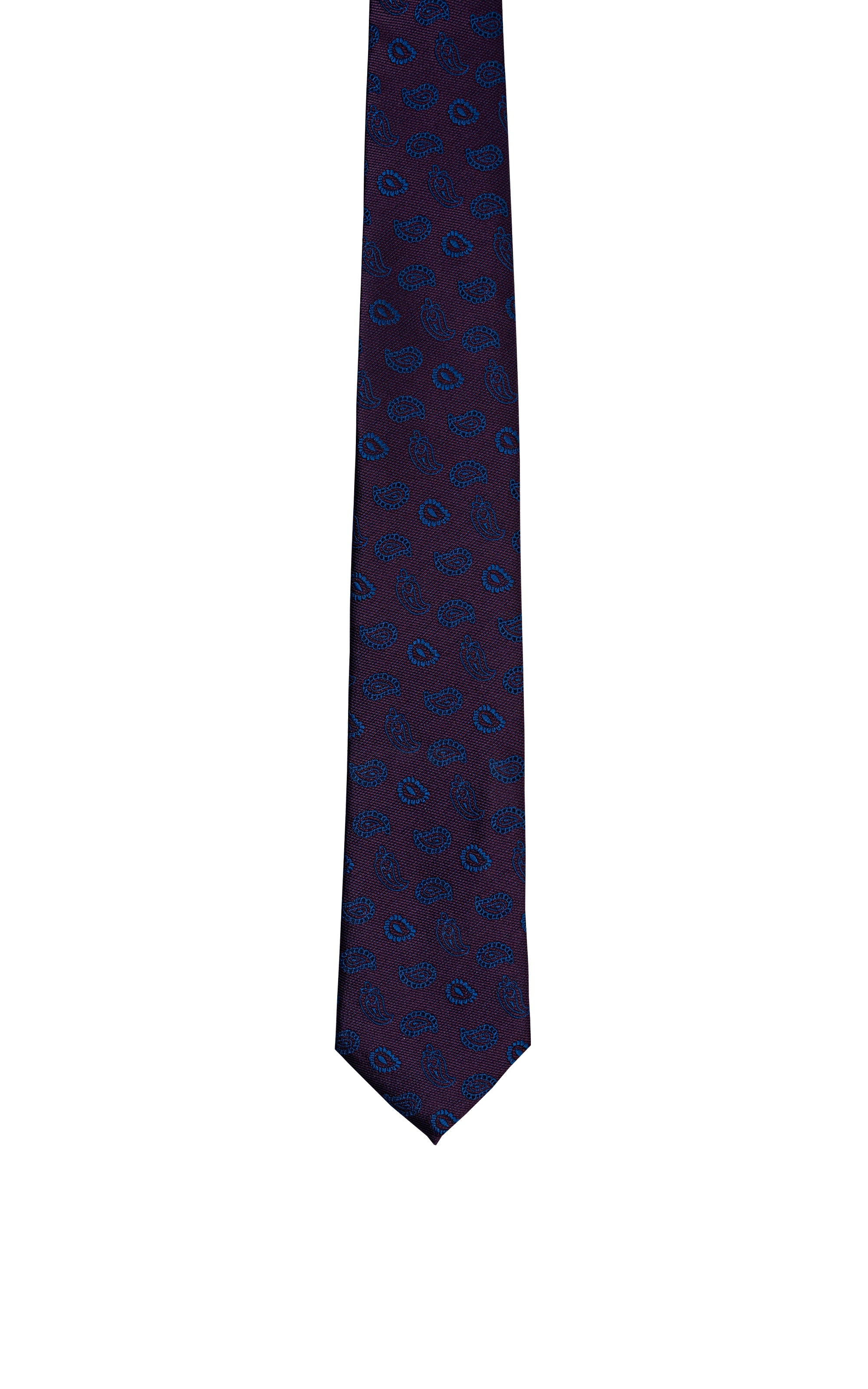 Dark blue polyester tie with small red geometric pattern and pointed tip