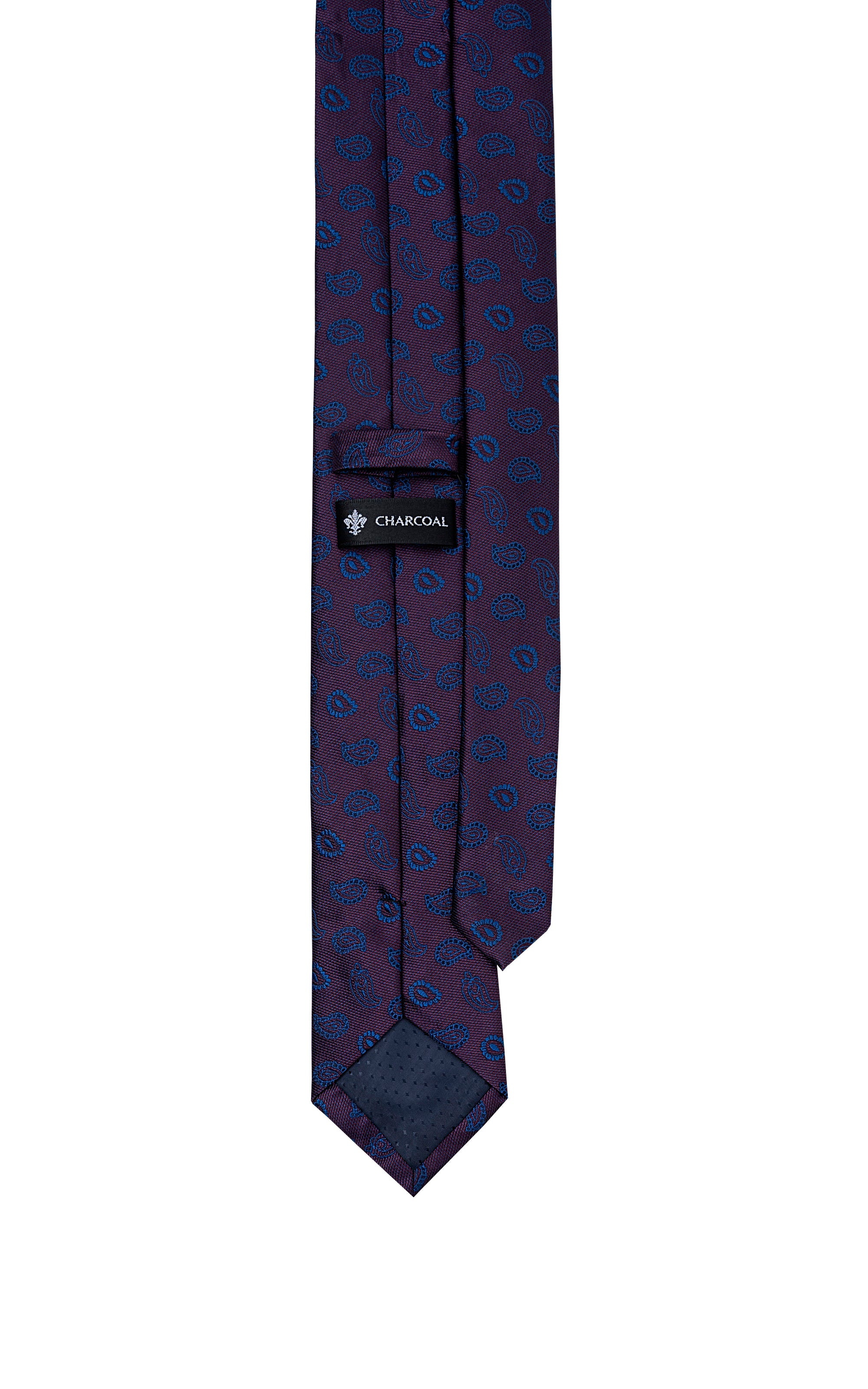 Dark blue polyester tie with small red pattern and brand label on backside