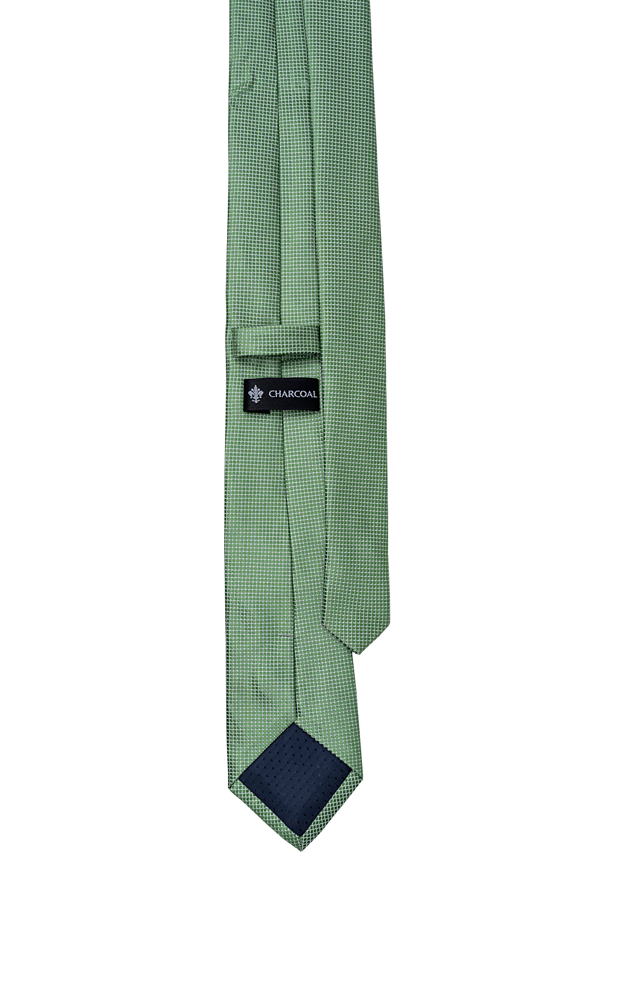 Green woven necktie with narrow grid texture and small dark keeper