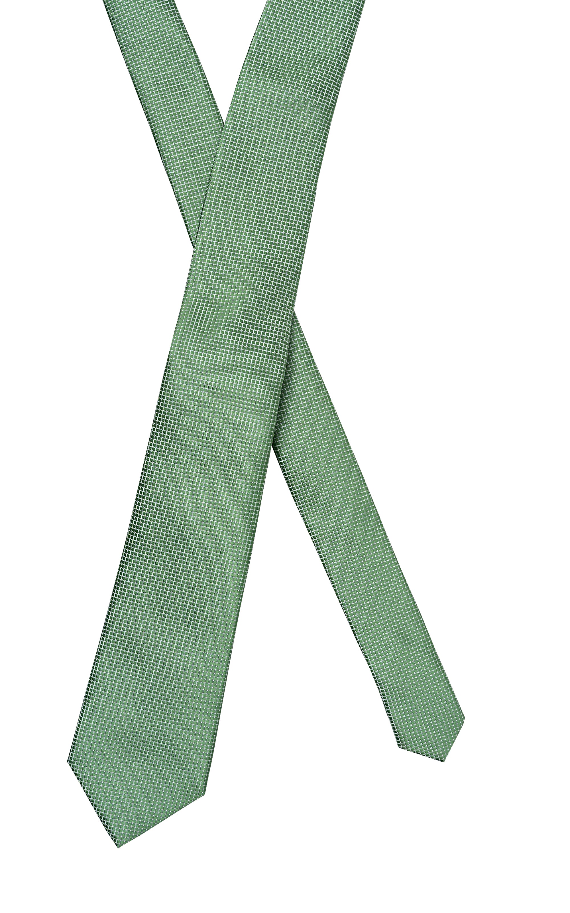 Mint green woven necktie, full length with diagonal stripe-like grid pattern