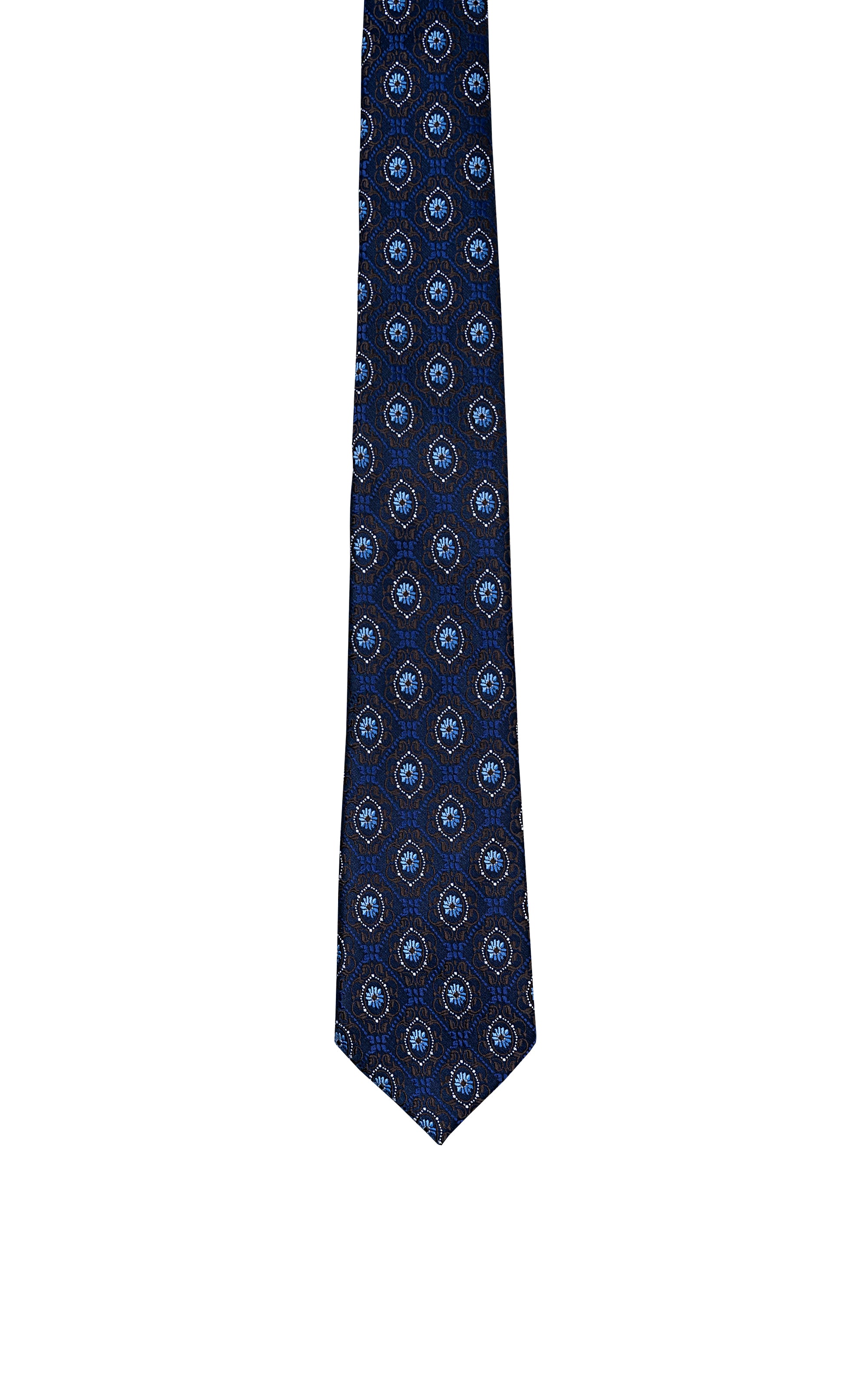 Navy blue necktie with repeating blue medallion pattern and pointed tip