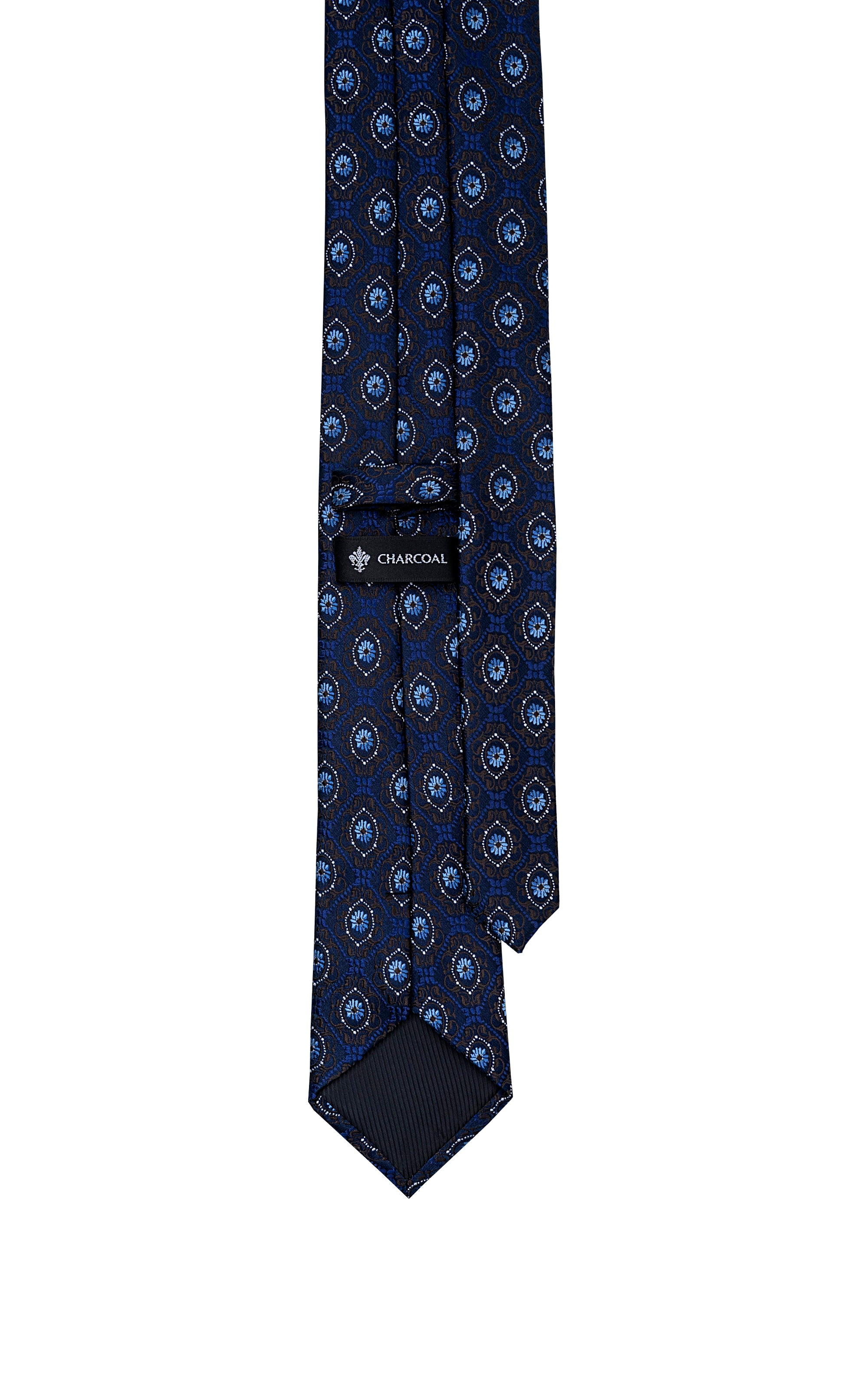 Navy blue necktie with circular medallion pattern, folded drape view