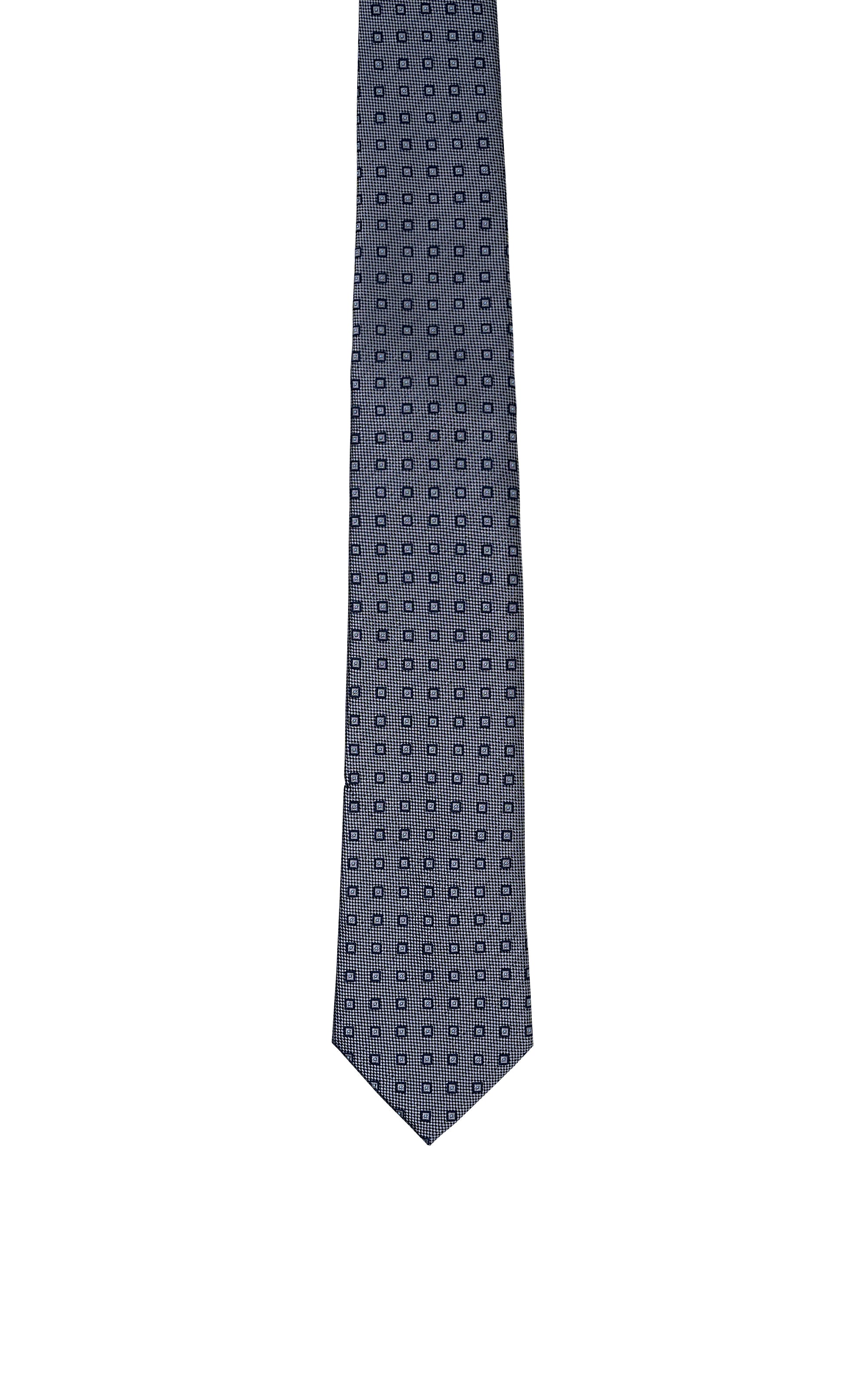 Navy poly silk tie with small geometric dot pattern and pointed end