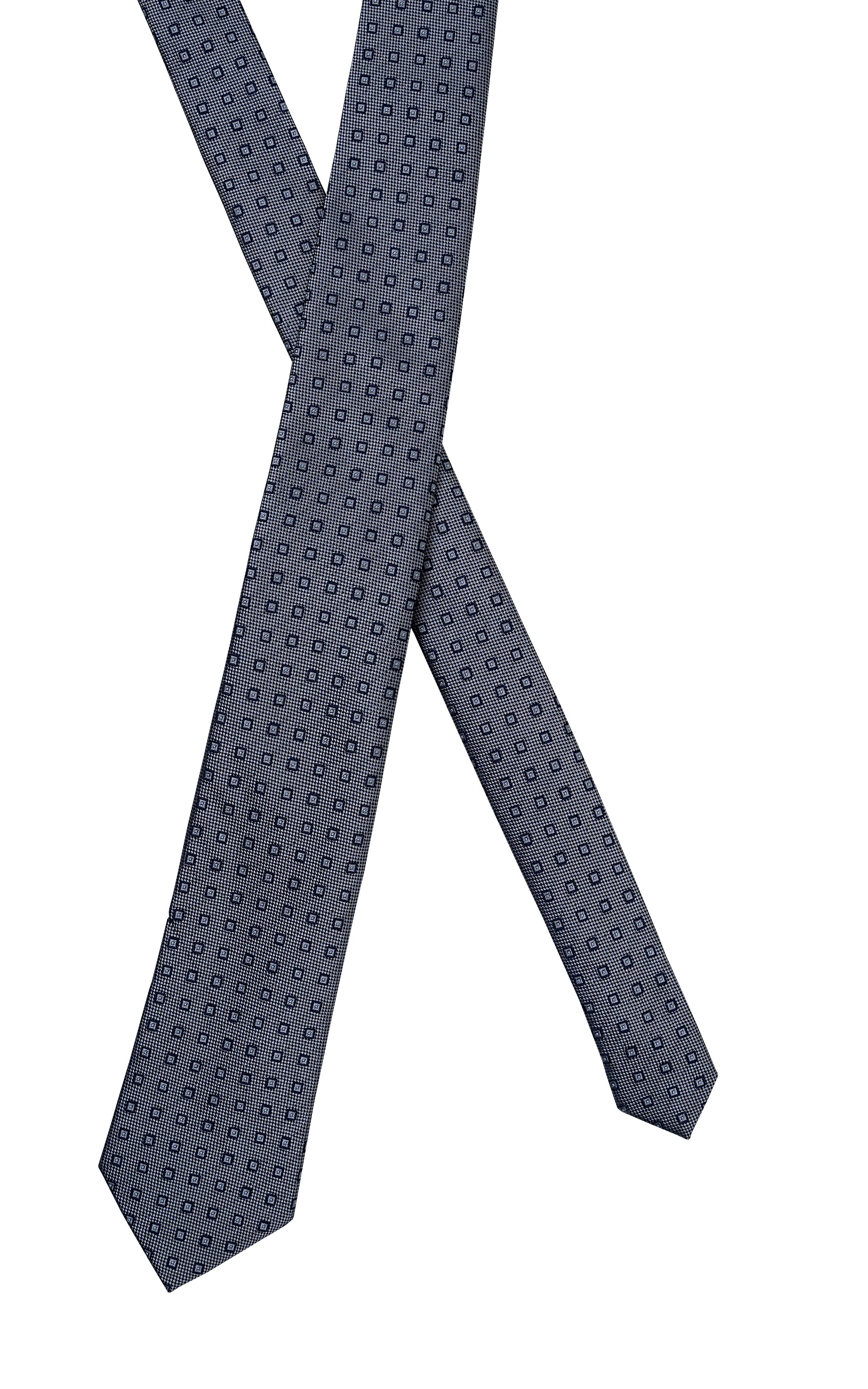 Poly silk tie, navy with small geometric dot pattern and pointed tip