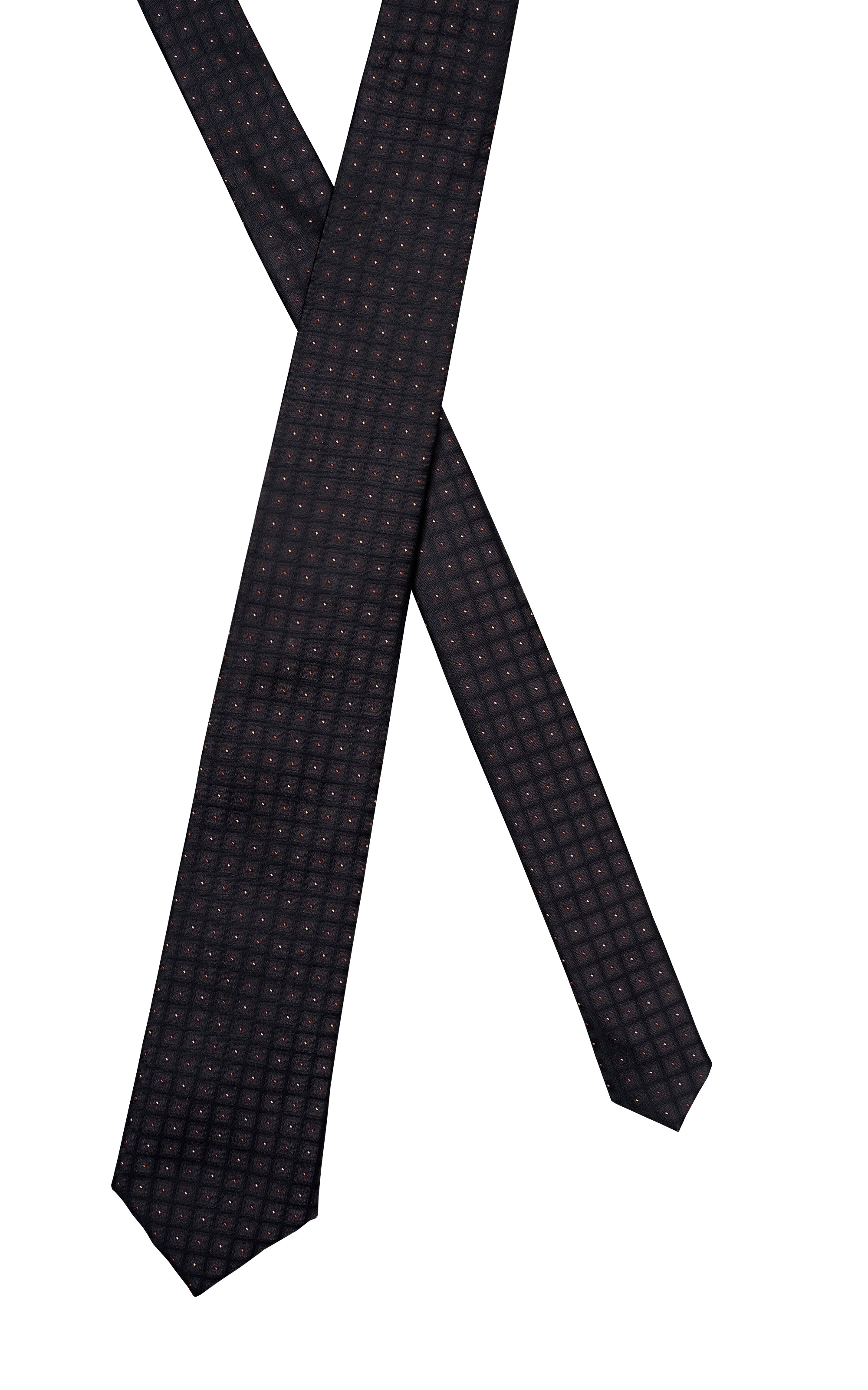 Charcoal poly silk tie laid crossed, narrow pointed end visible